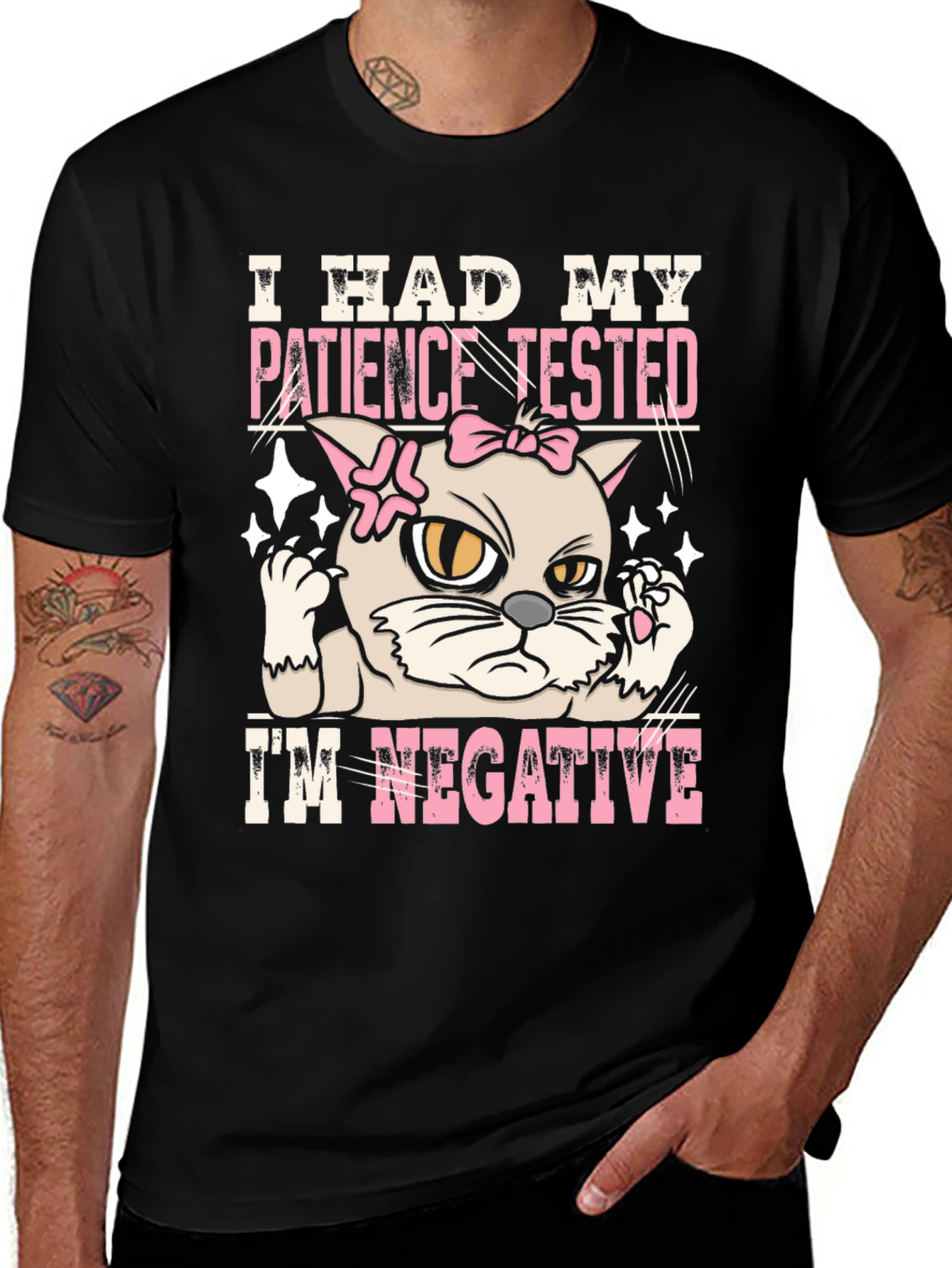 Black Patience Tested Negative Funny Cat Graphic T-Shirt main image