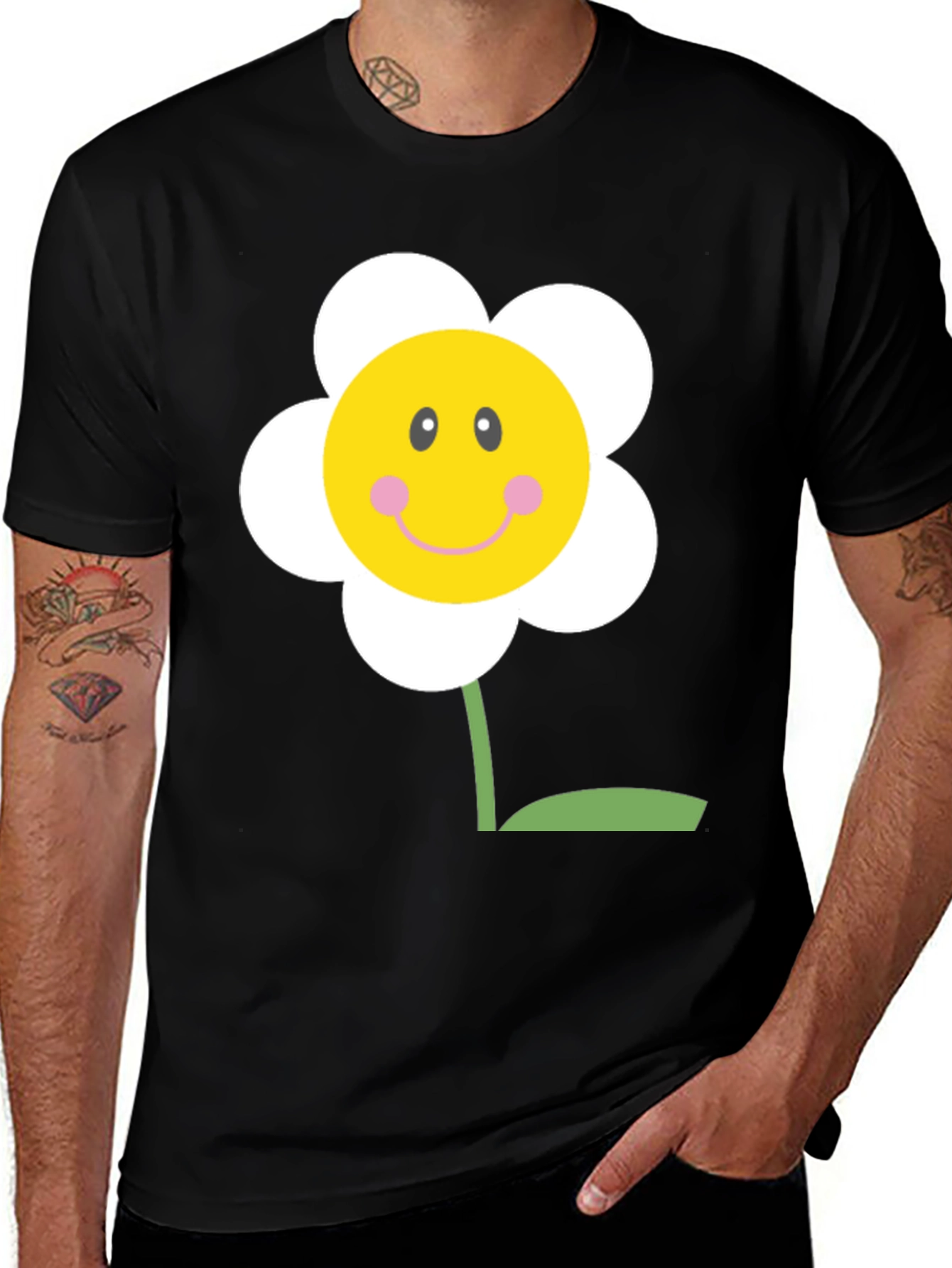 Variant 14 of Happy Flower Graphic Tee - Black Cotton Shirt