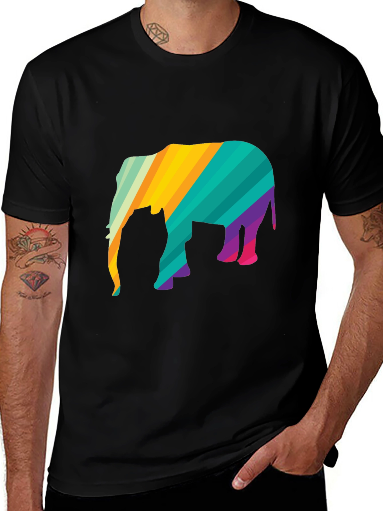 Variant 19 of Vibrant Striped Elephant Graphic Black T-Shirt
