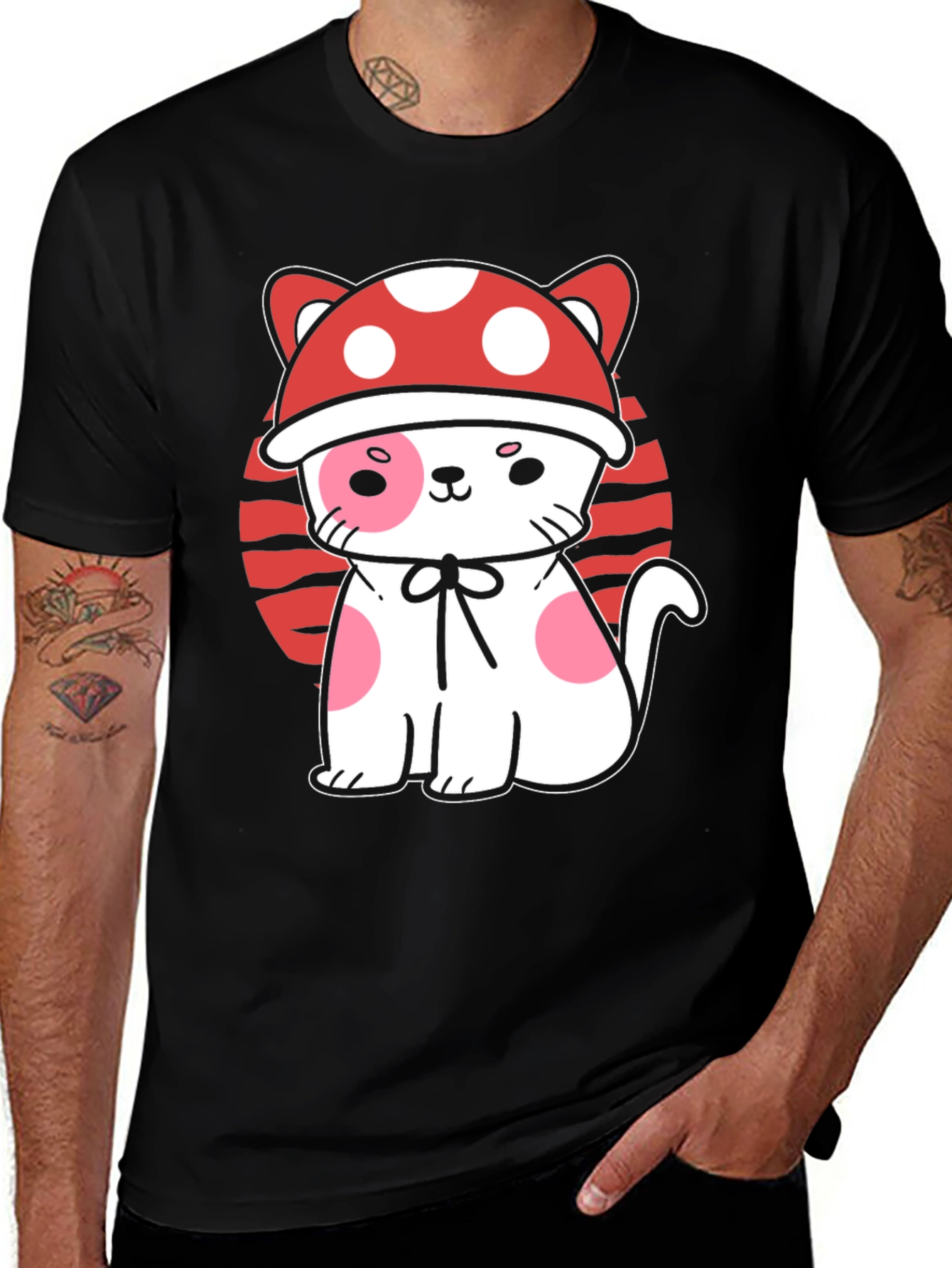 Variant 5 of Mushroom Cat Graphic Tee - Black Cotton T-Shirt