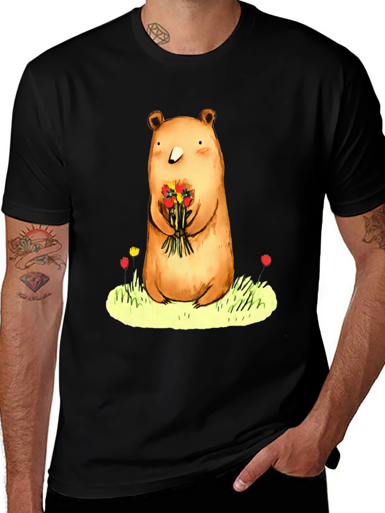 Variant 22 of Bear with Flowers Graphic Tee - Soft Cotton Blend