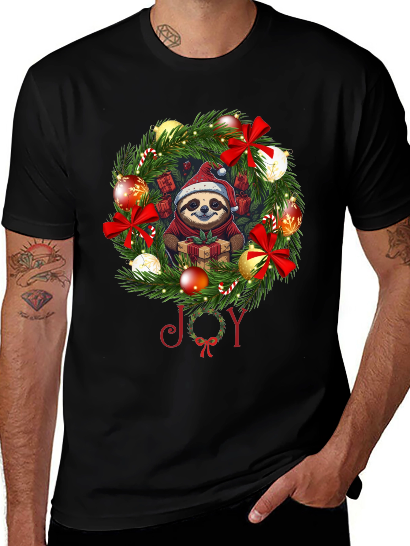 Variant 29 of Festive Sloth Christmas Wreath T-Shirt