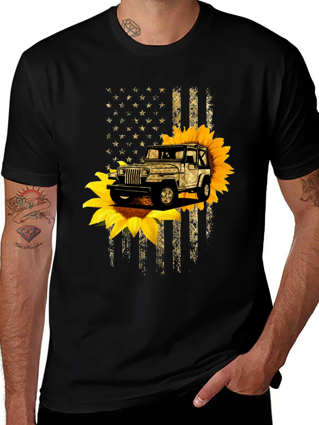 Variant 10 of American Flag Sunflower Jeep Men's Black T-Shirt