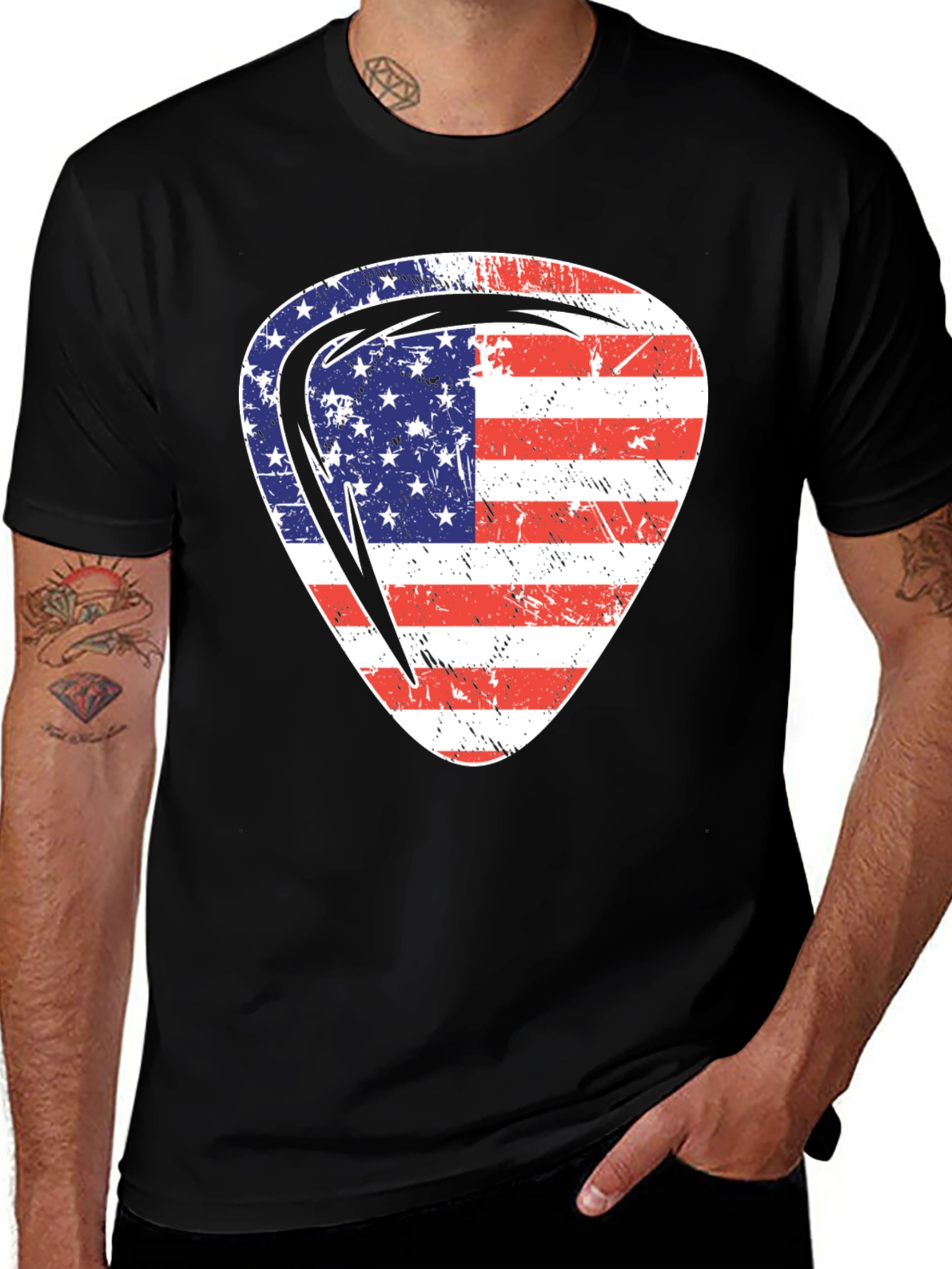 Black USA Flag Guitar Pick Patriotic T-Shirt main image
