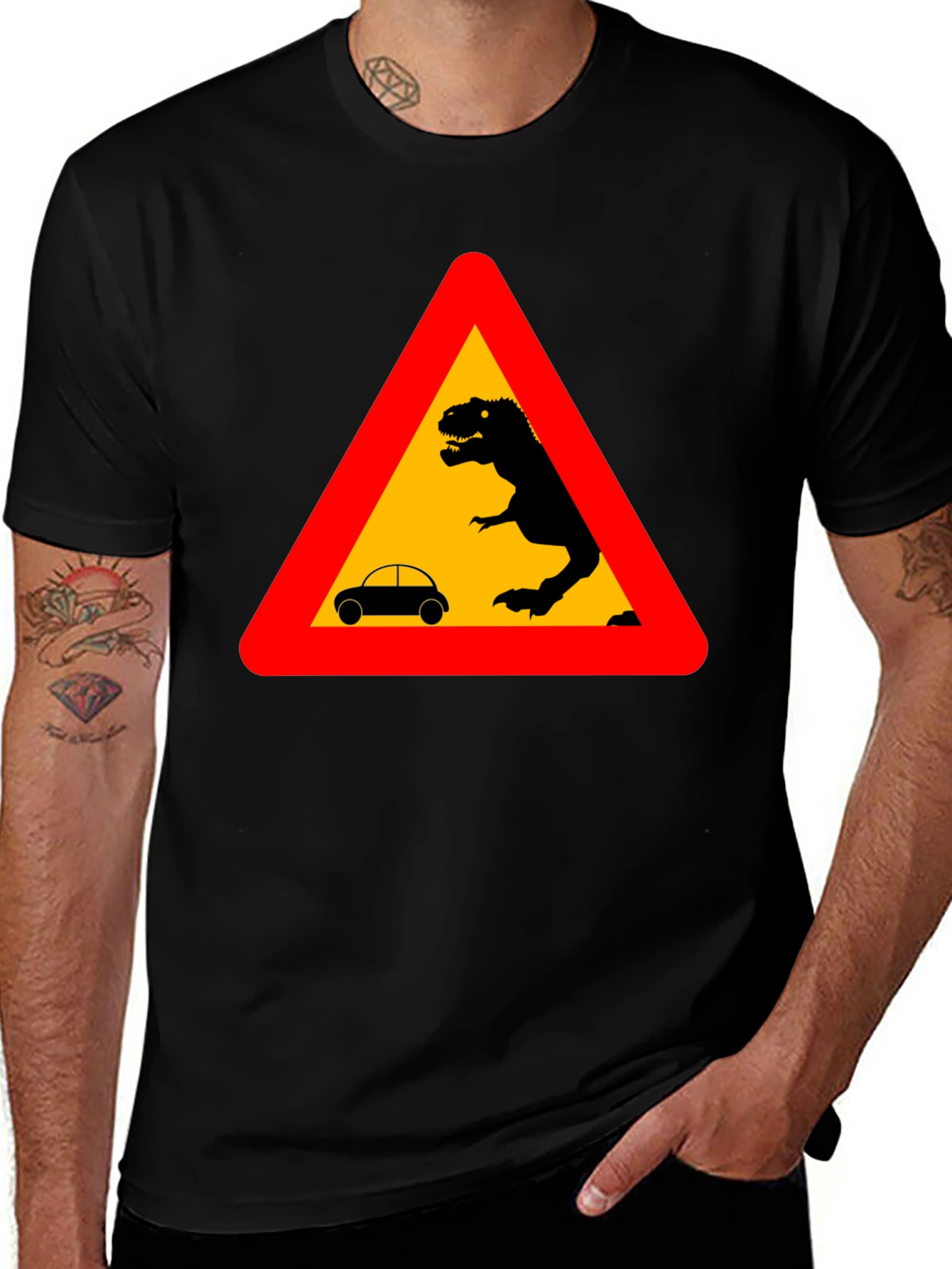 Variant 6 of Dinosaur Warning T-Shirt - Black Novelty Tee