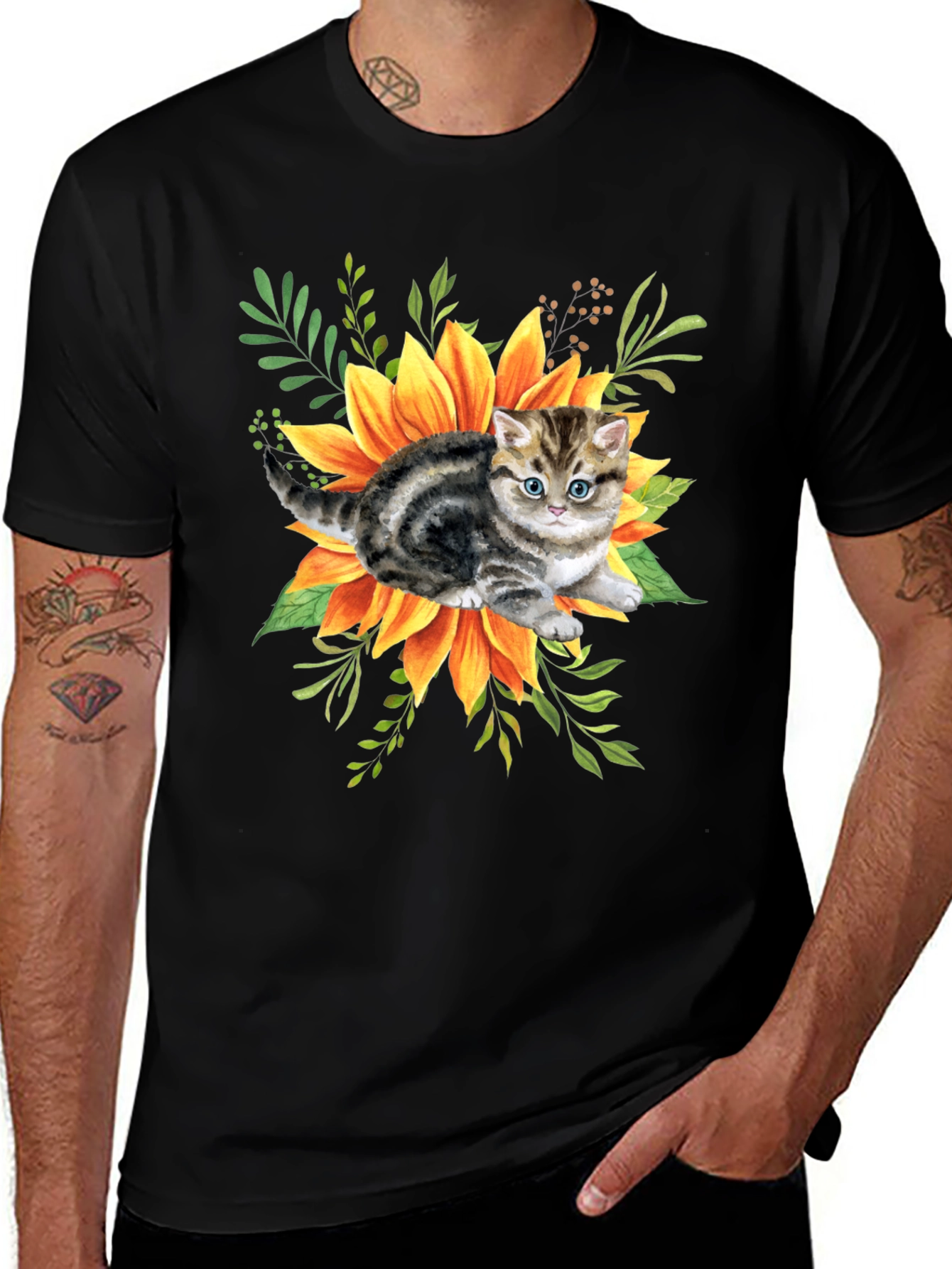 Variant 29 of Kitten & Sunflower Graphic Tee - Black Cotton Blend