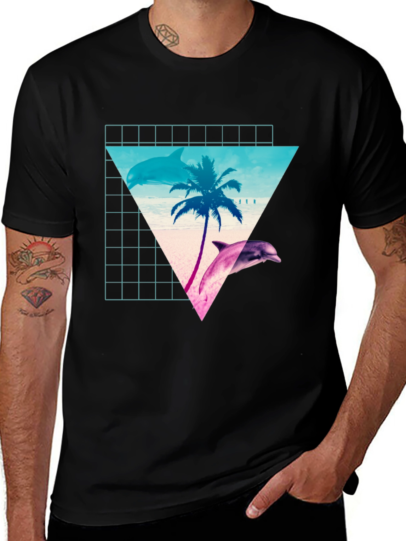 Variant 13 of Retro Dolphin Palm T-Shirt