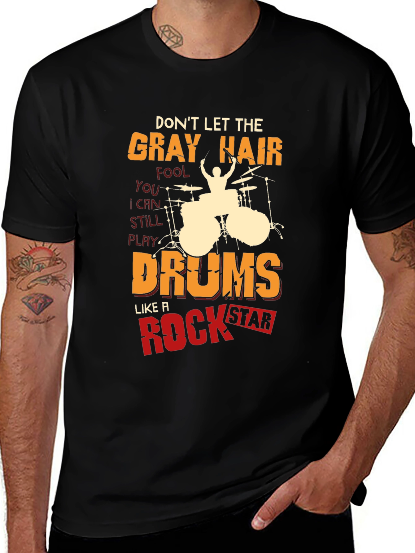 Black Gray Hair Rock Star Drums Graphic Tee main image