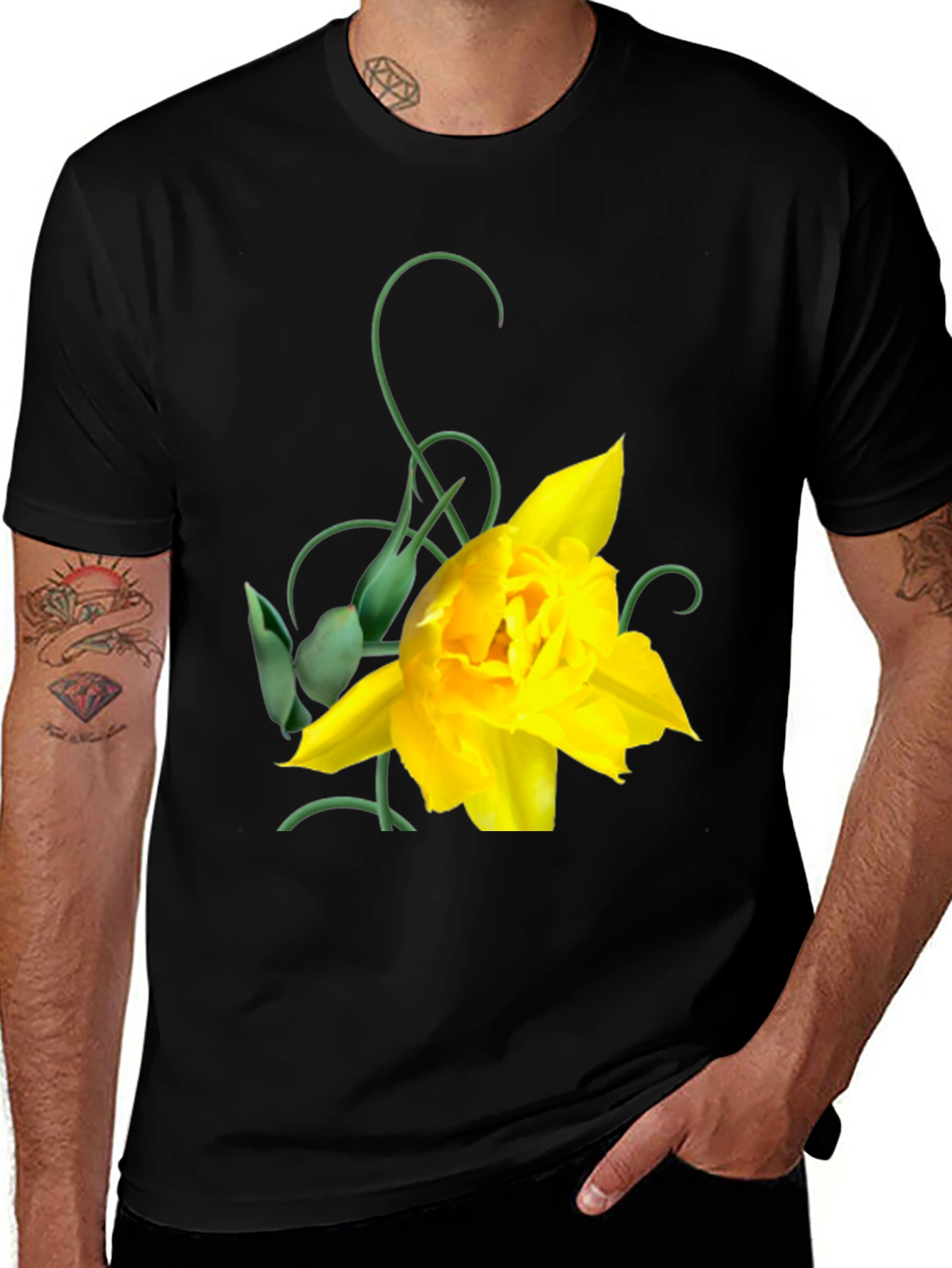 Variant 25 of Yellow Tulip Graphic Black T-Shirt for Men