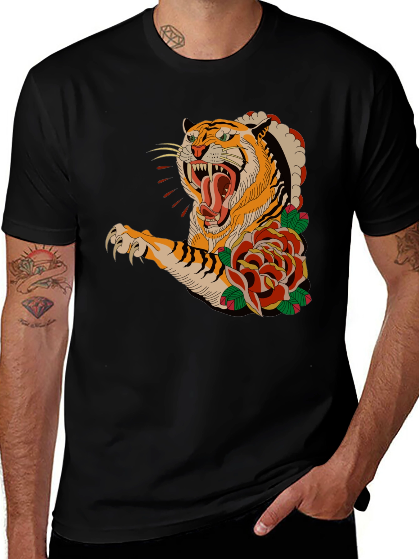 Tiger & Roses Graphic T-Shirt - Bold Black Tee