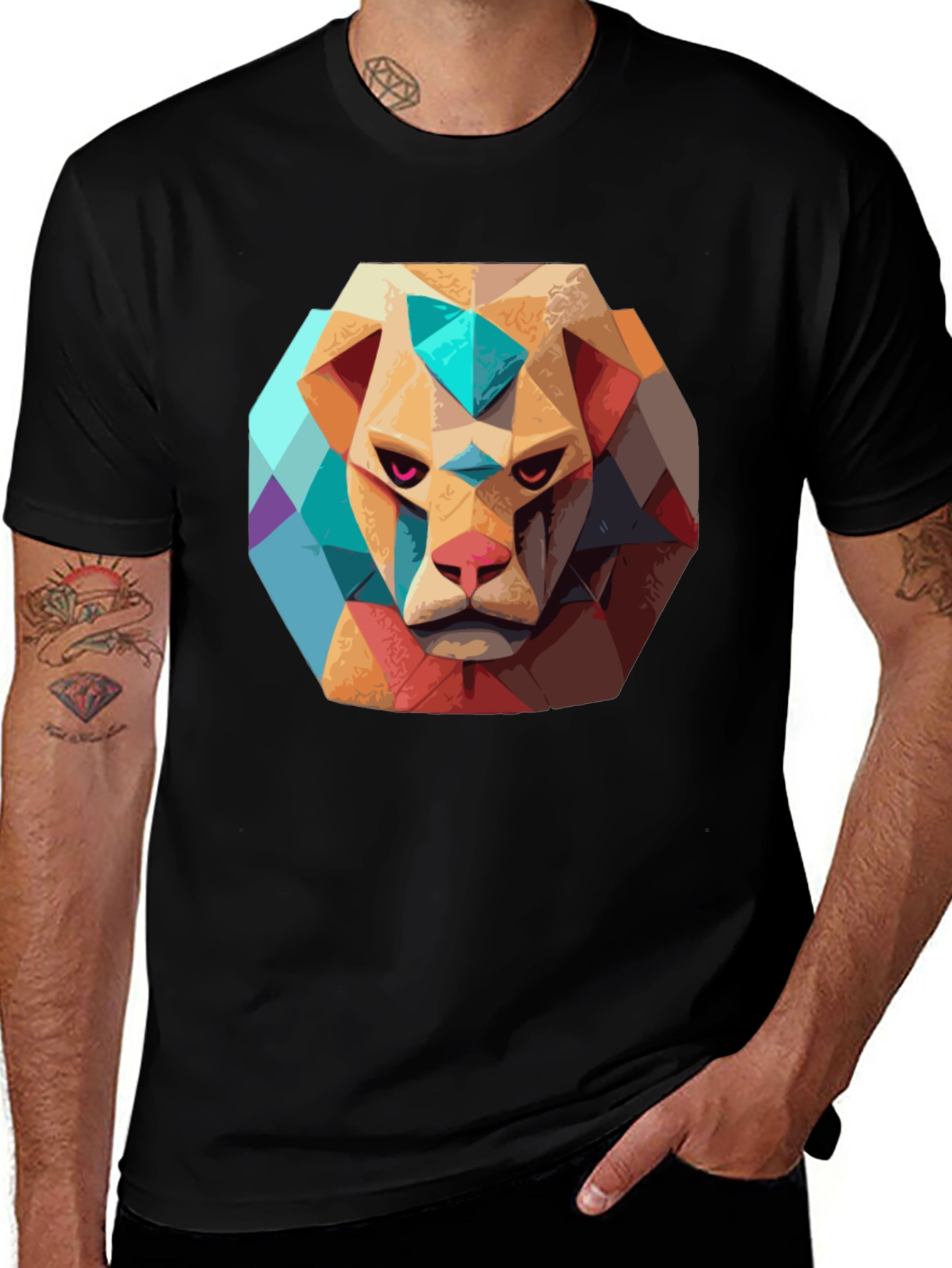 Variant 12 of Geometric Lion Graphic Black Tee