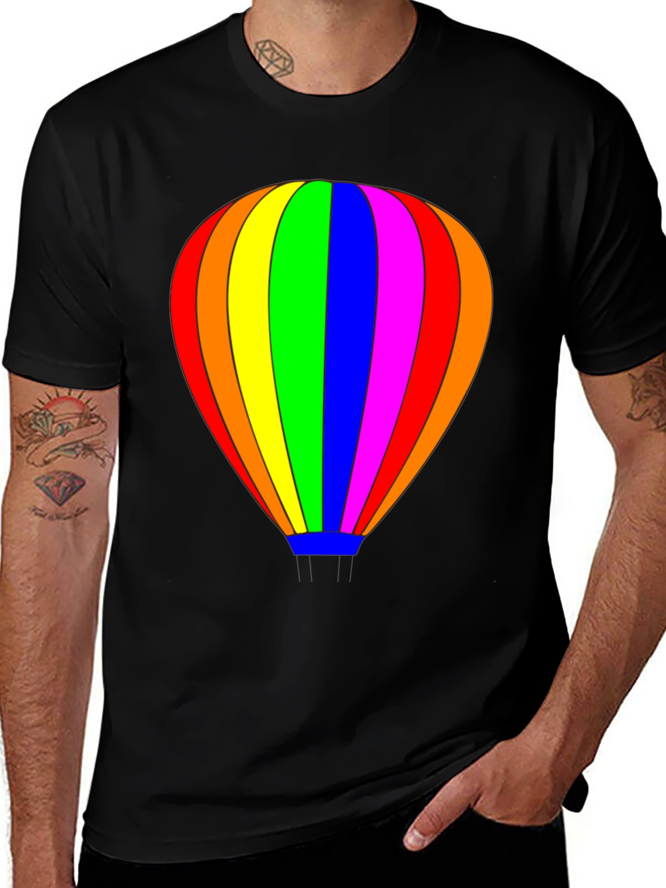 Variant 11 of Rainbow Hot Air Balloon Graphic Tee - Black Cotton Casual Shirt