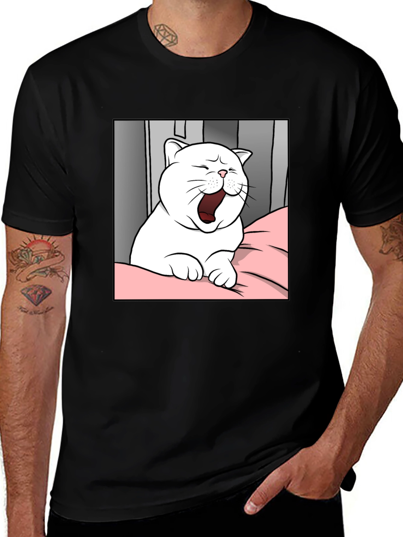 Variant 24 of Yawning Cat Black T-Shirt, Cartoon Cat Design