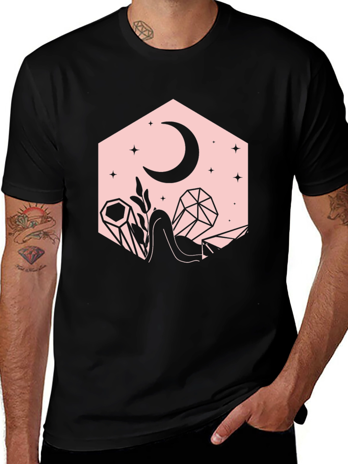 Variant 28 of Crescent Moon and Crystals Black Graphic Tee