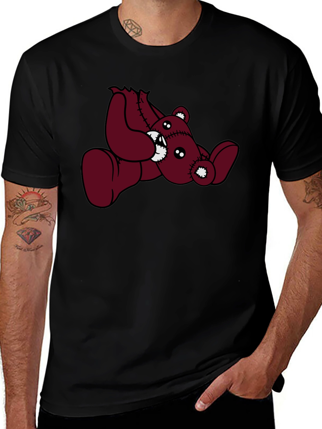 Variant 20 of Men's Black T-Shirt with Red Teddy Bear Graphic