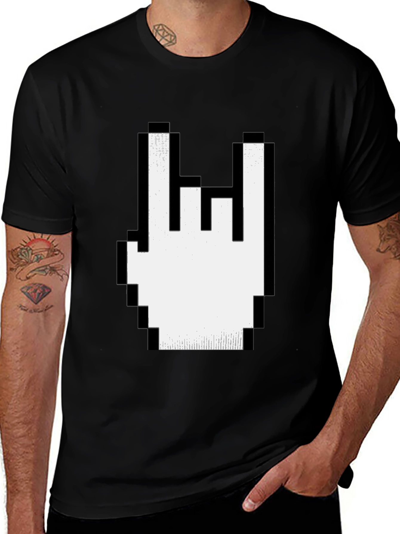 Variant 13 of Pixel Rock Hand Gesture Black T-Shirt