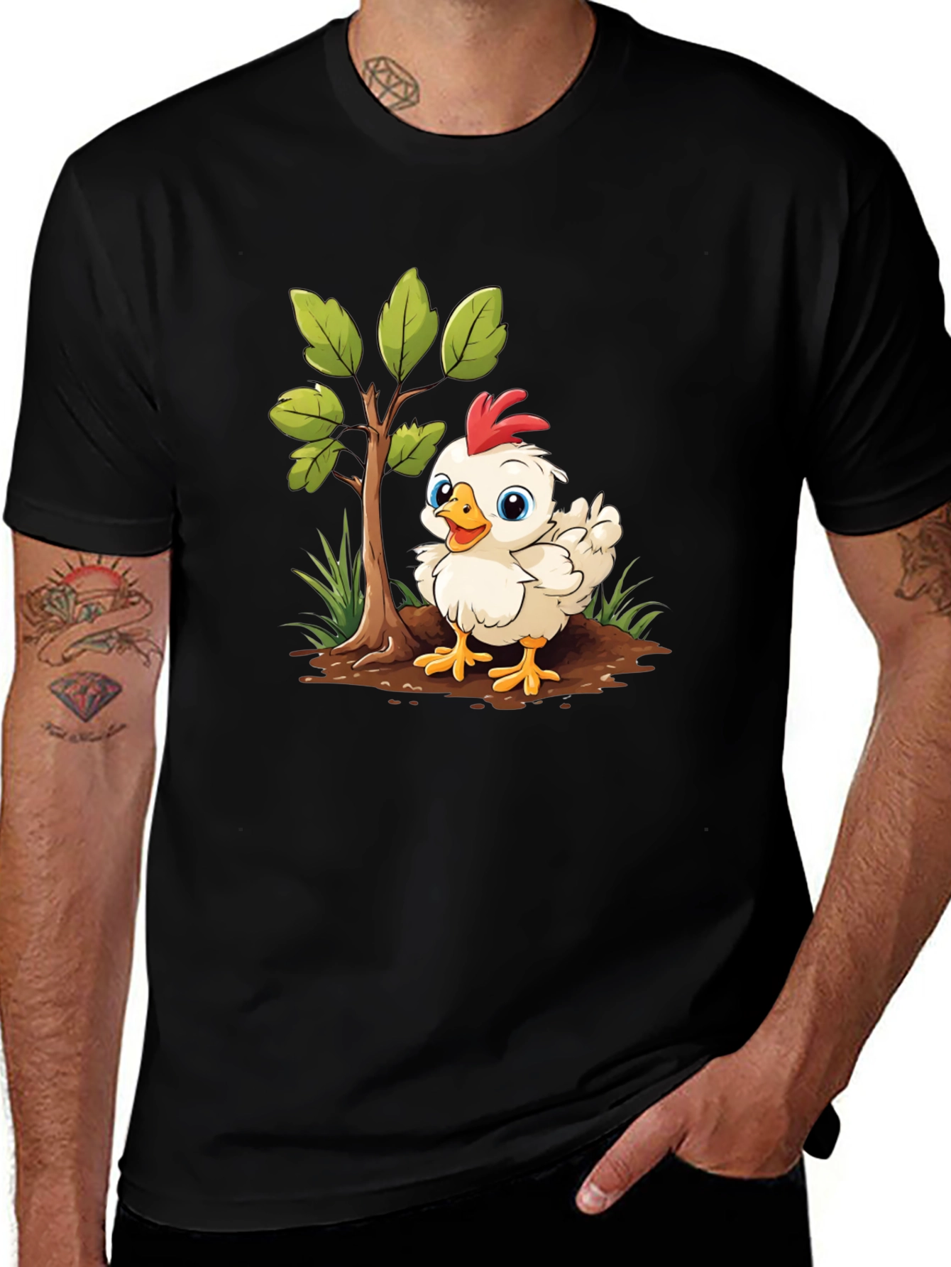 Variant 7 of Cute Cartoon Chicken Tree Graphic Tee - Black