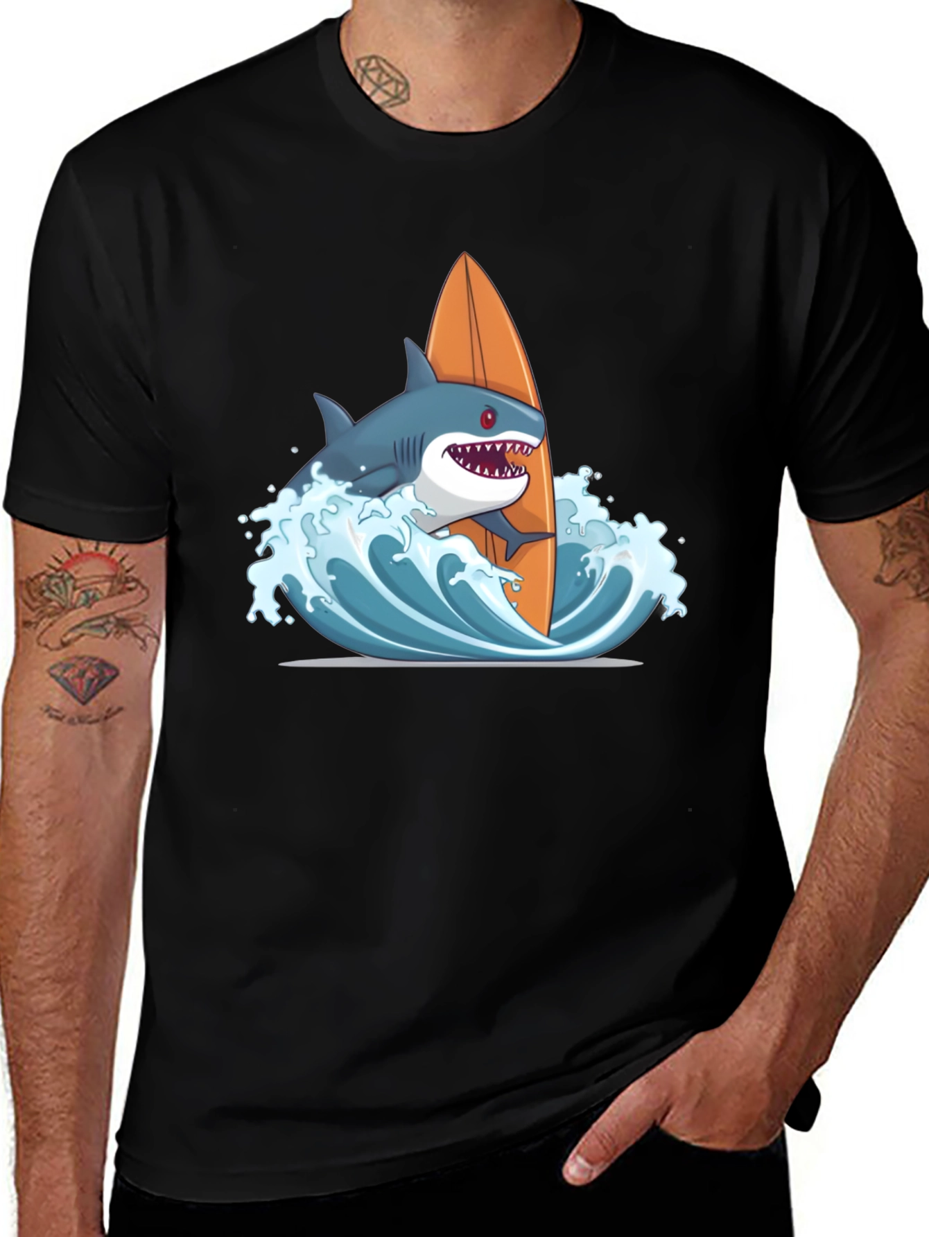 Black Shark Surfing Graphic T-Shirt - Black Cotton Tee main image