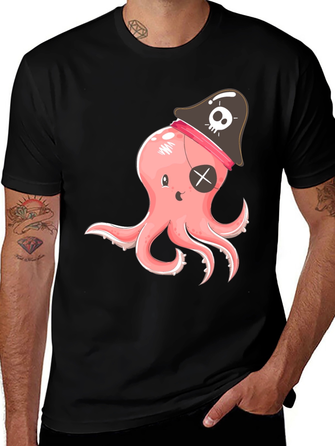 Variant 4 of Pirate Octopus Graphic T-Shirt - Black Cotton Tee