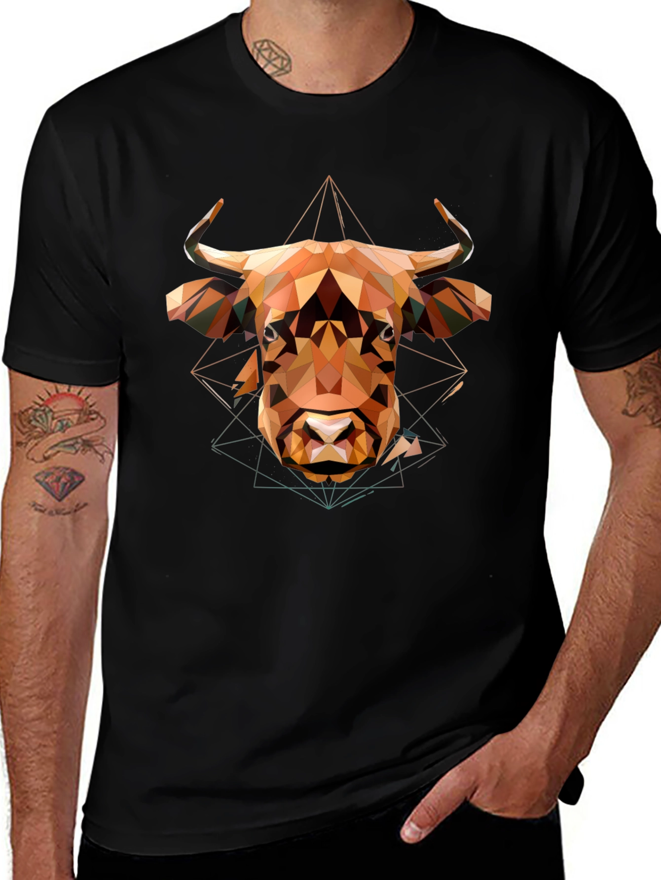Variant 5 of Geometric Bull Graphic Tee - Modern Men's Black T-Shirt