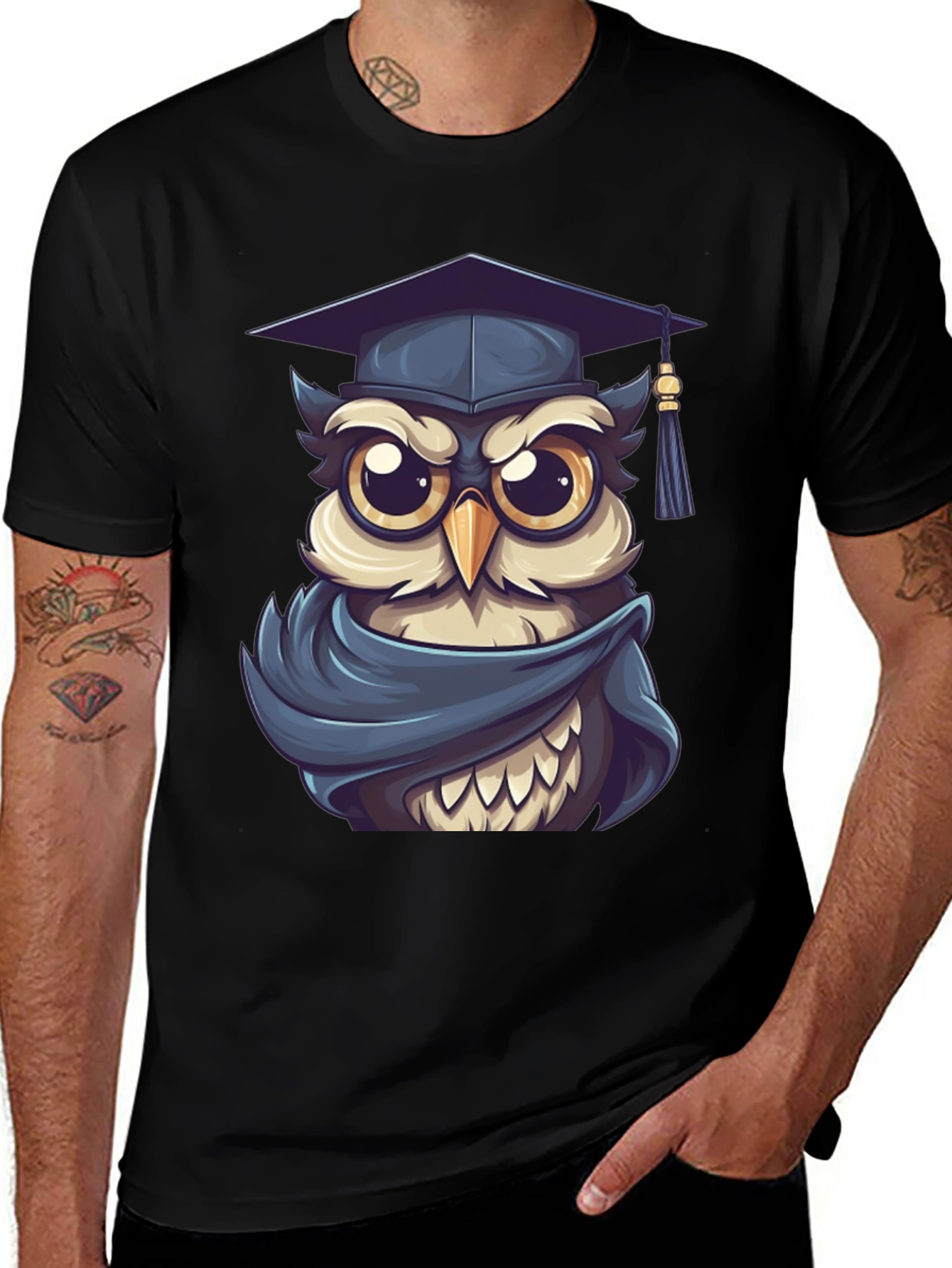 Variant 5 of Graduation Owl Graphic Tee - Black Cotton Blend