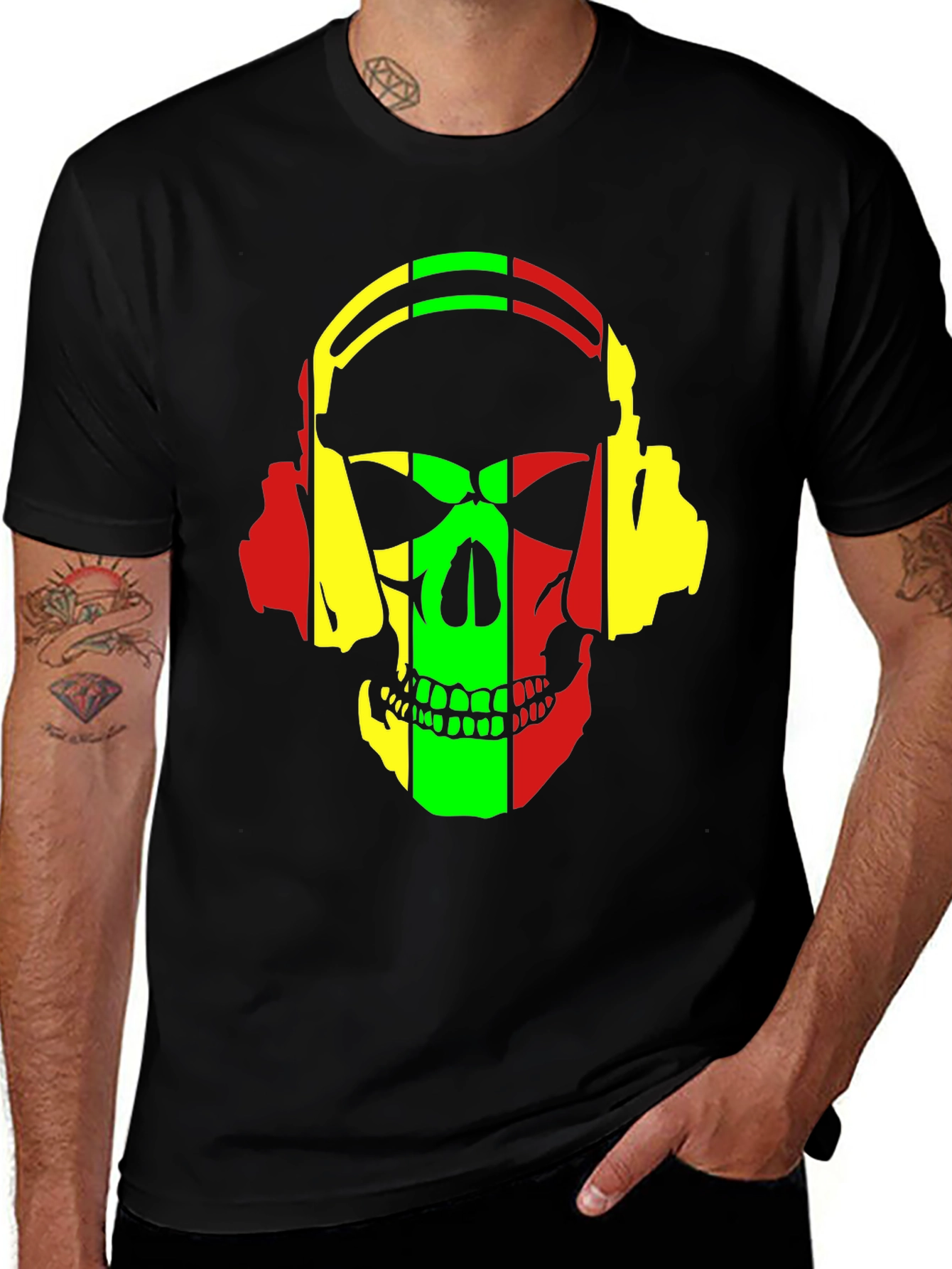 Variant 5 of Rasta Skull Headphones Graphic T-Shirt