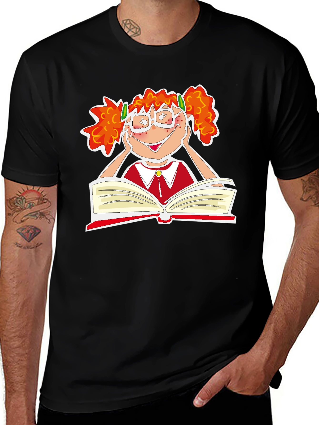 Variant 25 of Cartoon Girl Reading Black T-Shirt