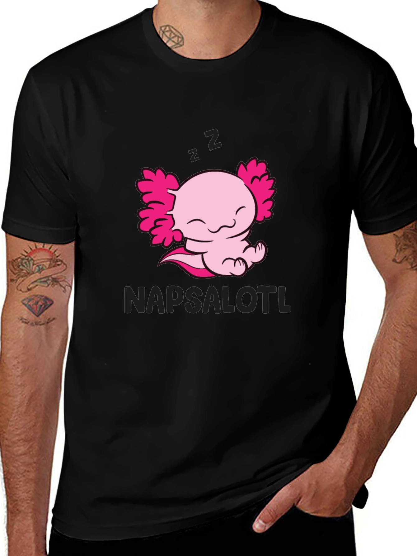 Variant 30 of Napsalotl Axolotl Black T-Shirt - Cute Sleepy Design
