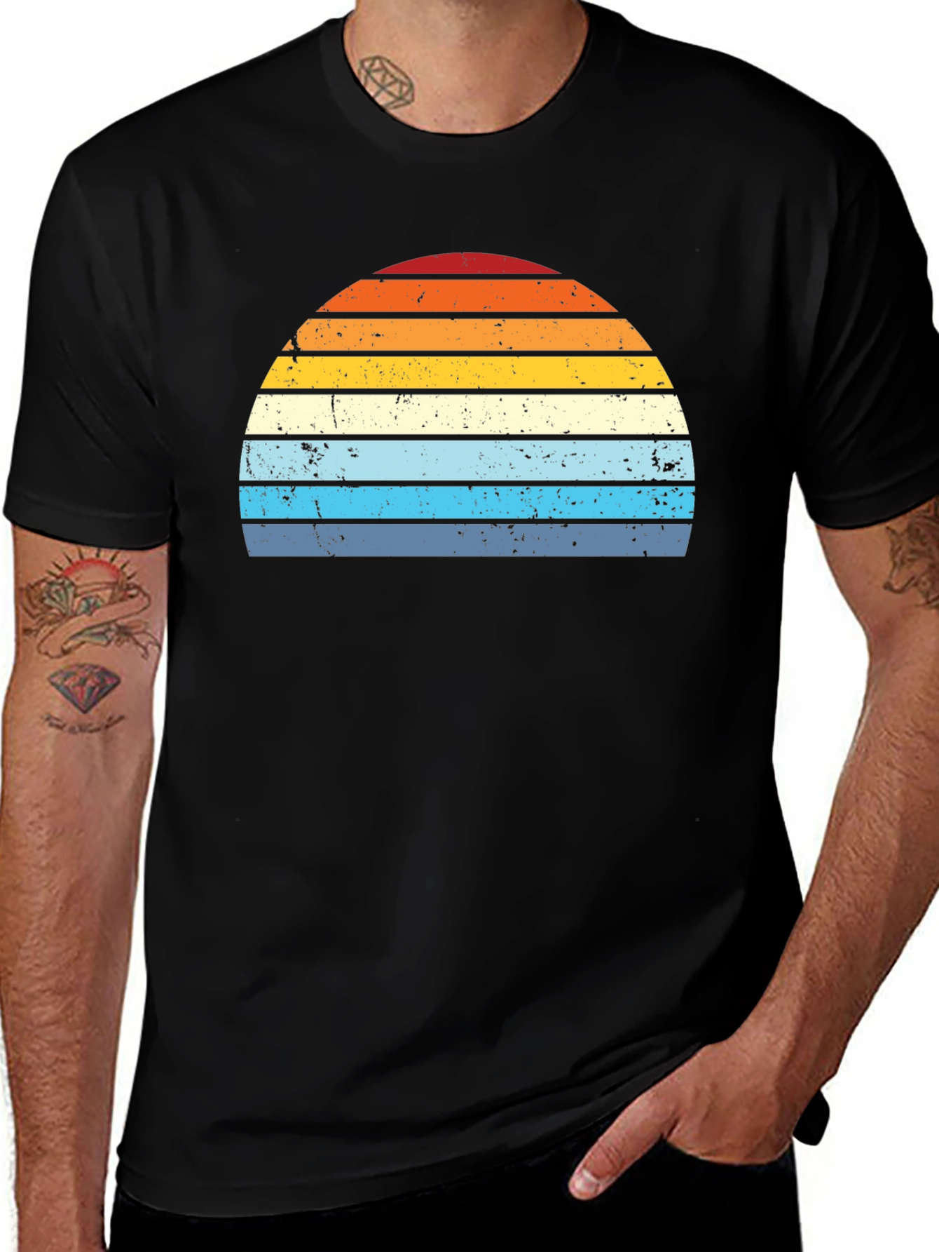 Variant 25 of Retro Sunset Striped Graphic Tee - Black