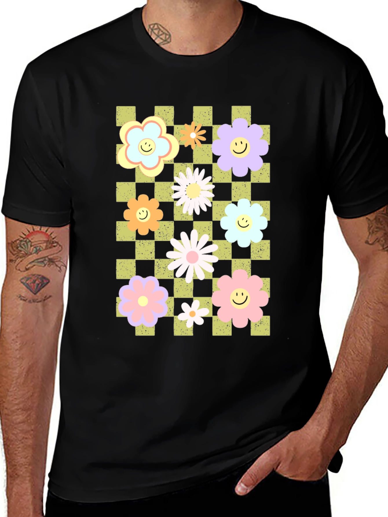 Variant 5 of Retro Floral Checkered Smile T-Shirt