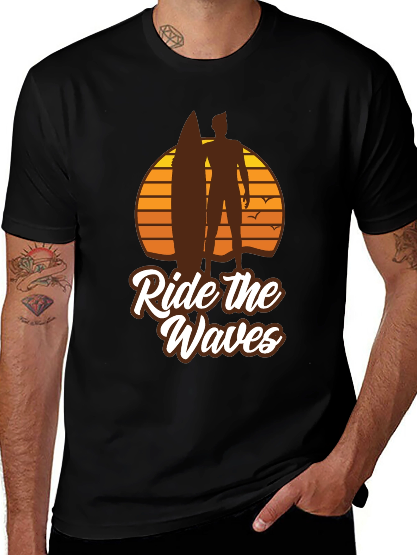 Black Ride the Waves Graphic T-Shirt - Surfer Style main image