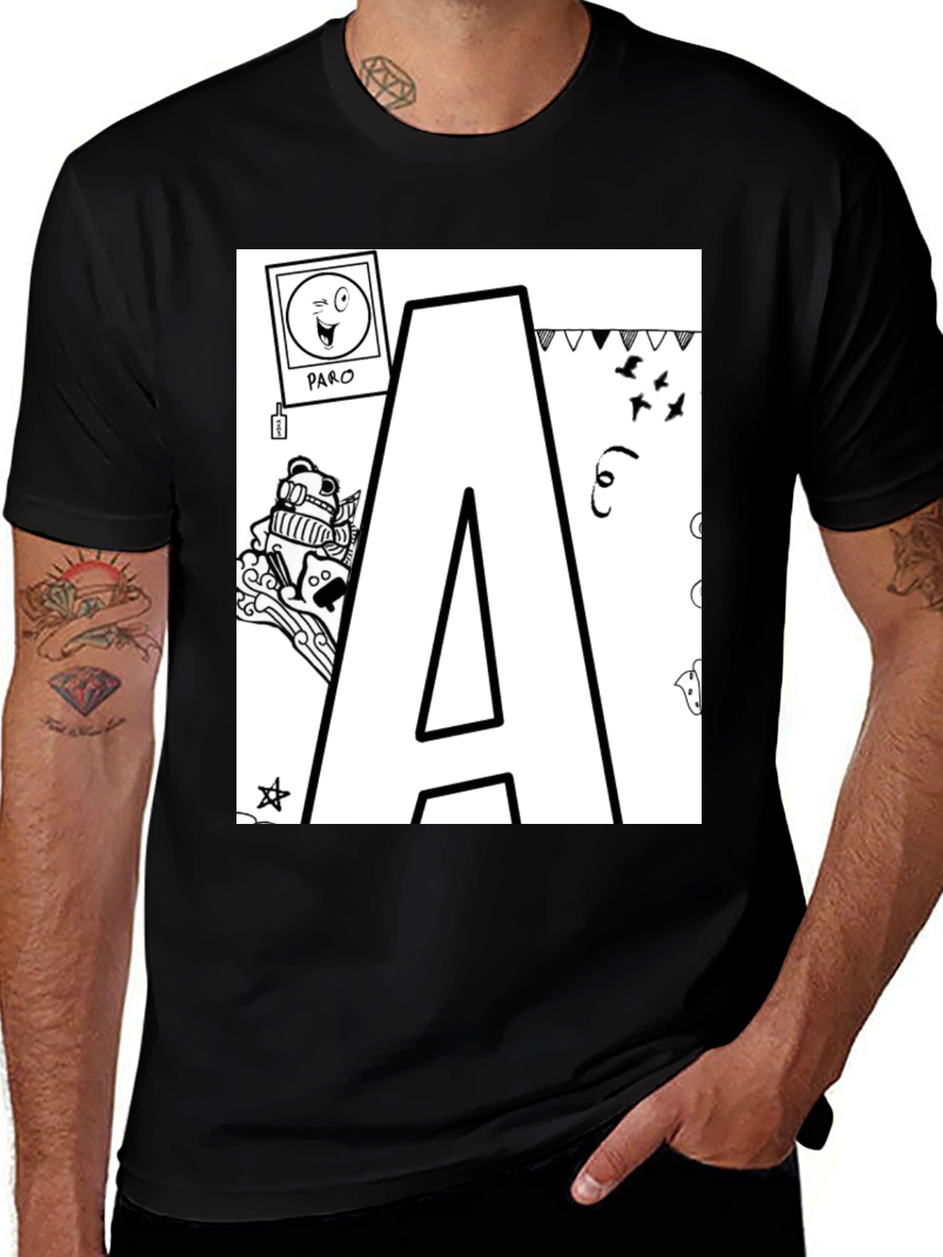 Letter 'A' Doodle T-Shirt - Black Casual Tee
