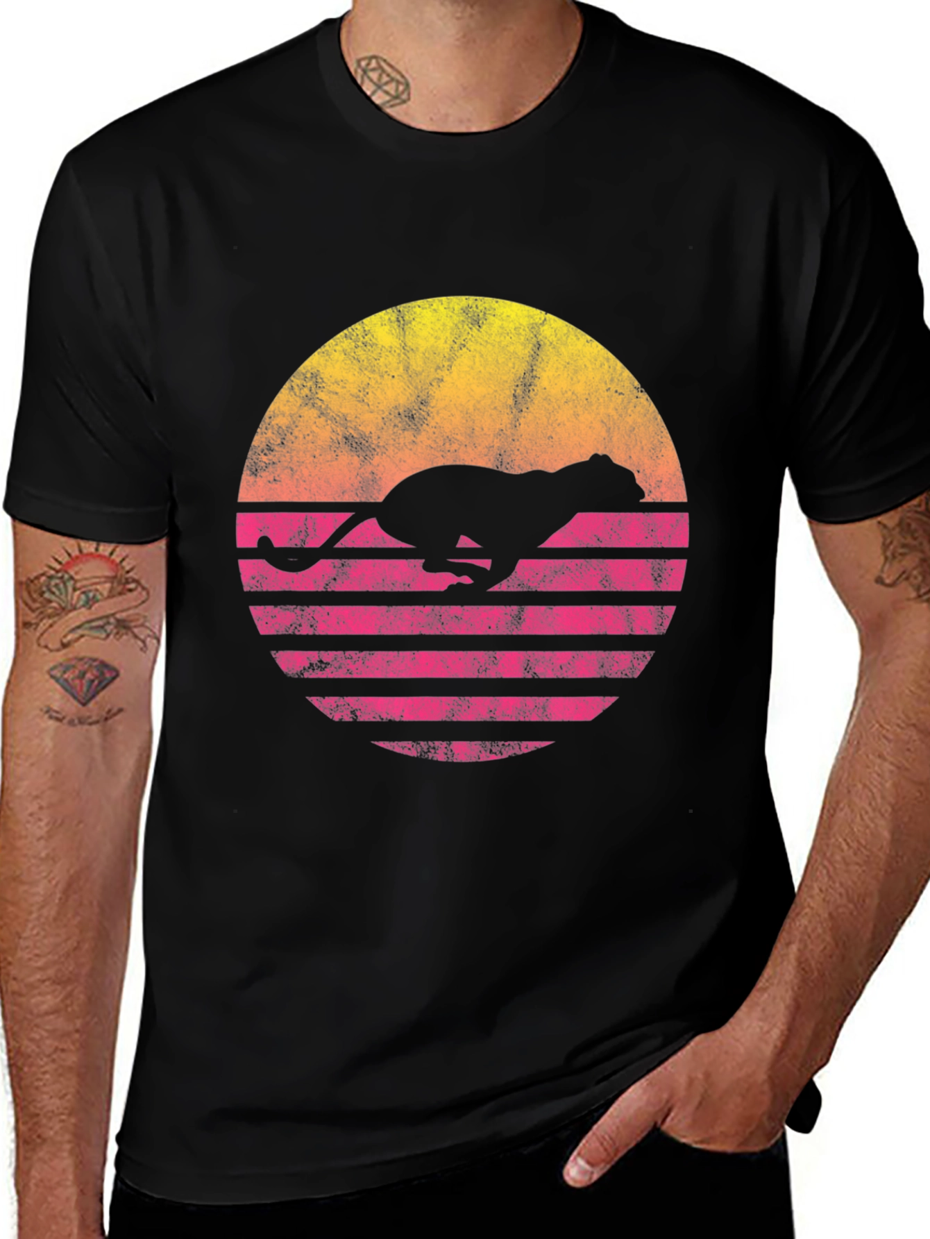 Retro Sunset Cheetah Graphic Tee - Black