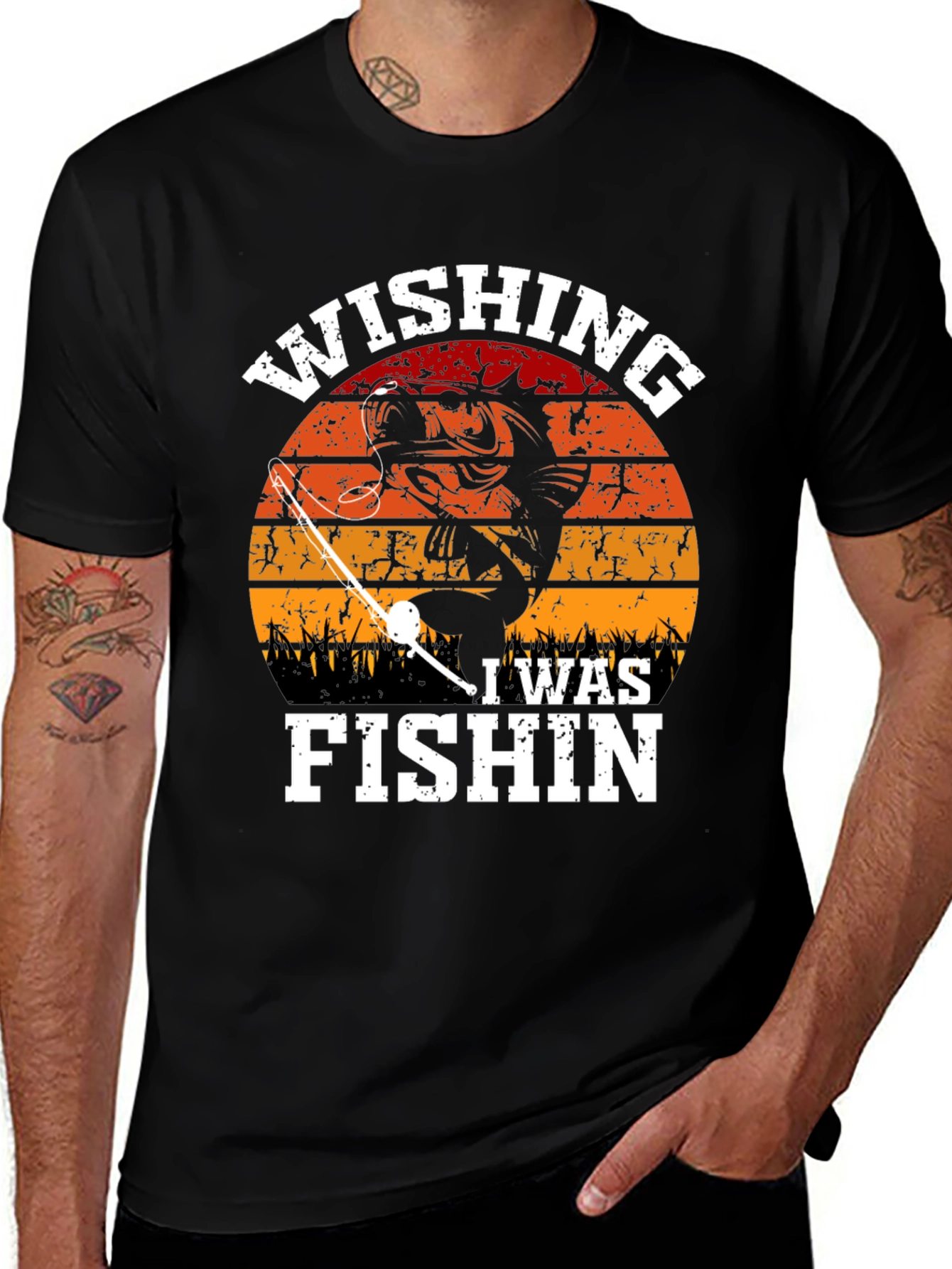 Black Wishing I Was Fishin' Graphic T-Shirt main image