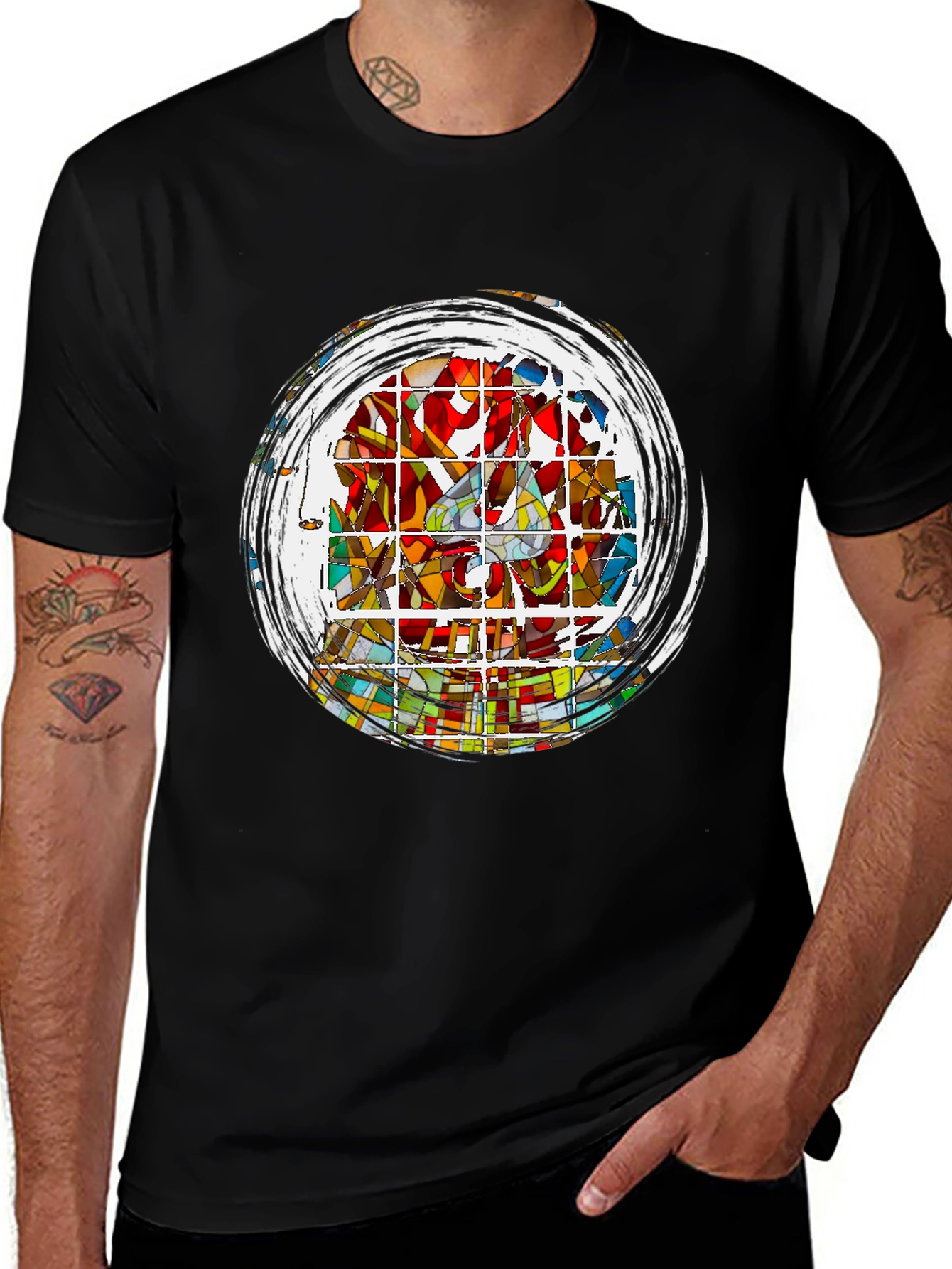 Variant 24 of Abstract Stained Glass Art Graphic Tee - Black