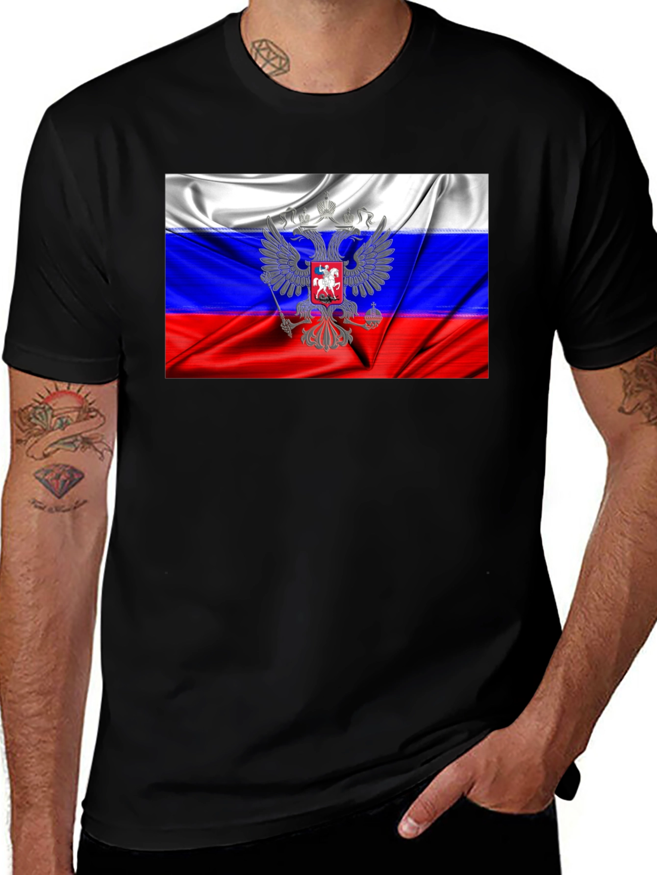 Variant 25 of Russia Flag Graphic Tee - Black Cotton T-Shirt
