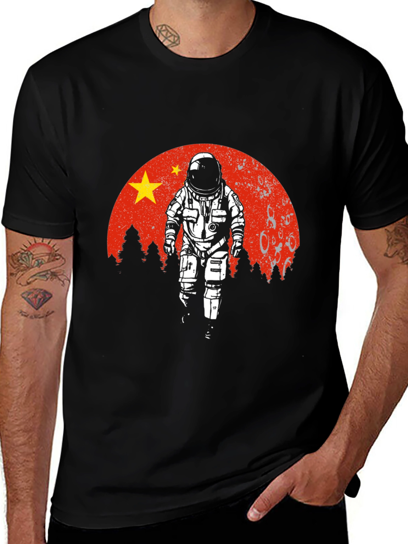 Astronaut China Flag Graphic Black T-Shirt