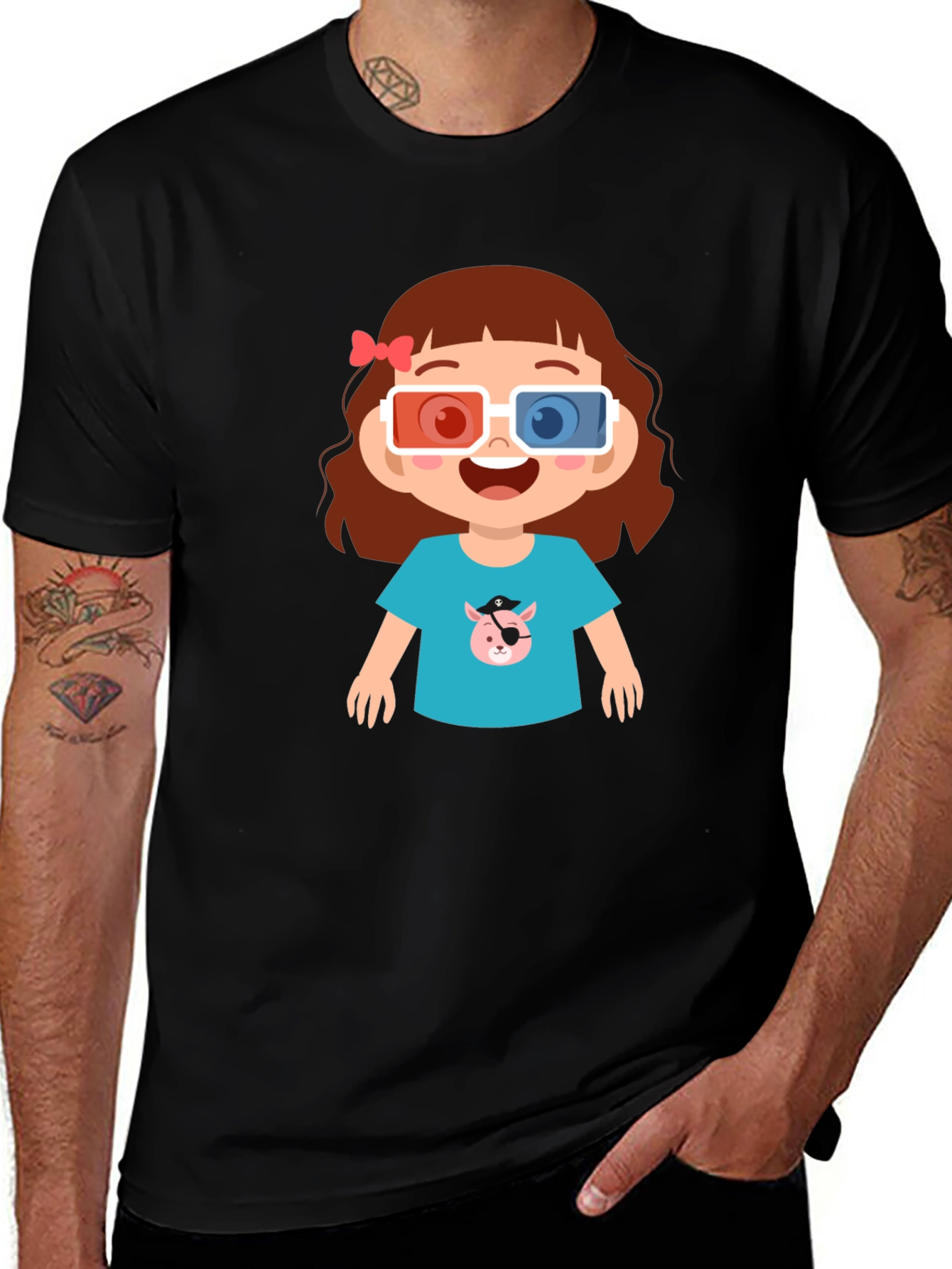 Variant 19 of Cute Cartoon Girl 3D Glasses Black T-Shirt