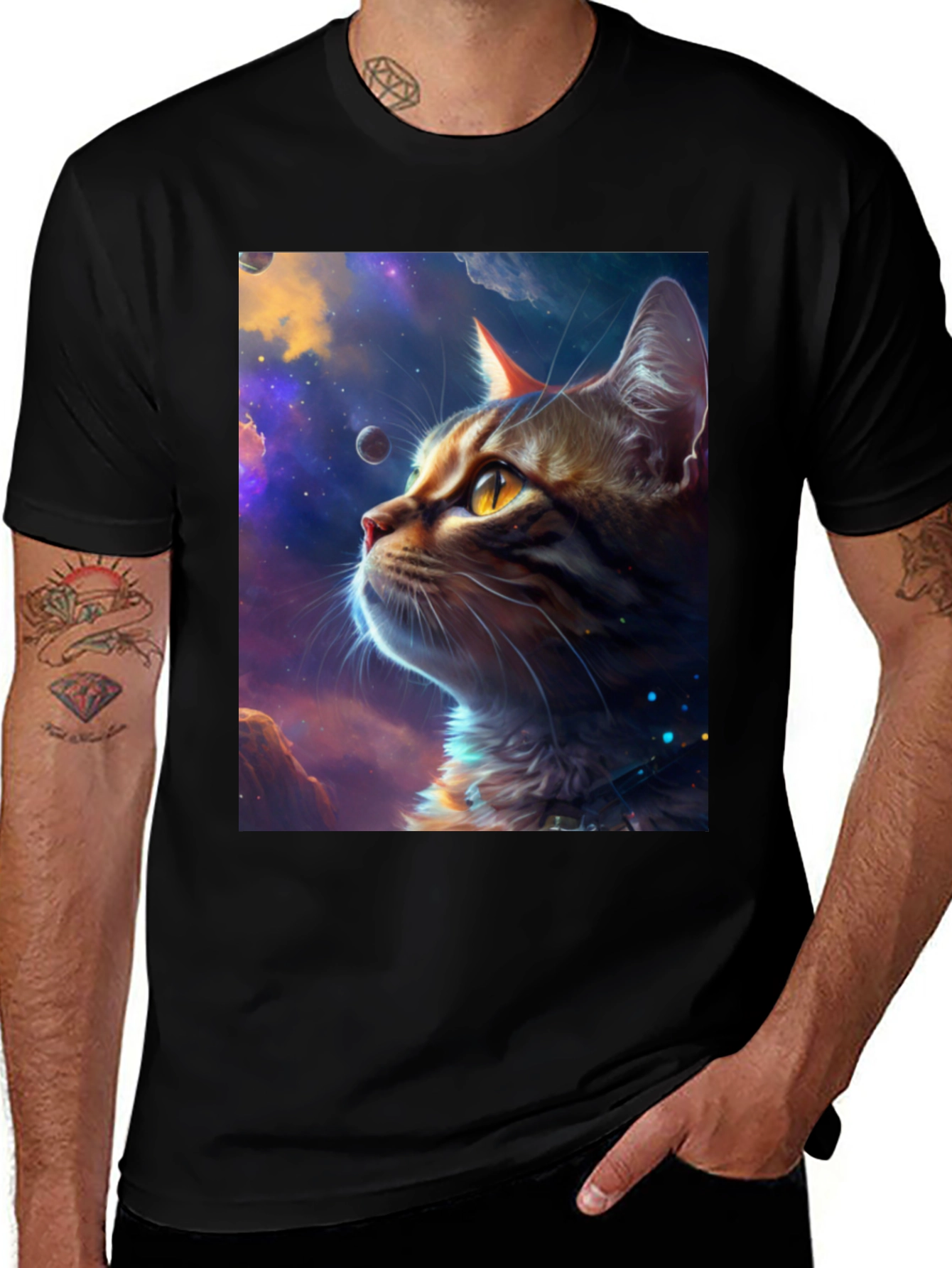 Variant 14 of Cosmic Cat Graphic Tee - Black Cotton Blend Shirt