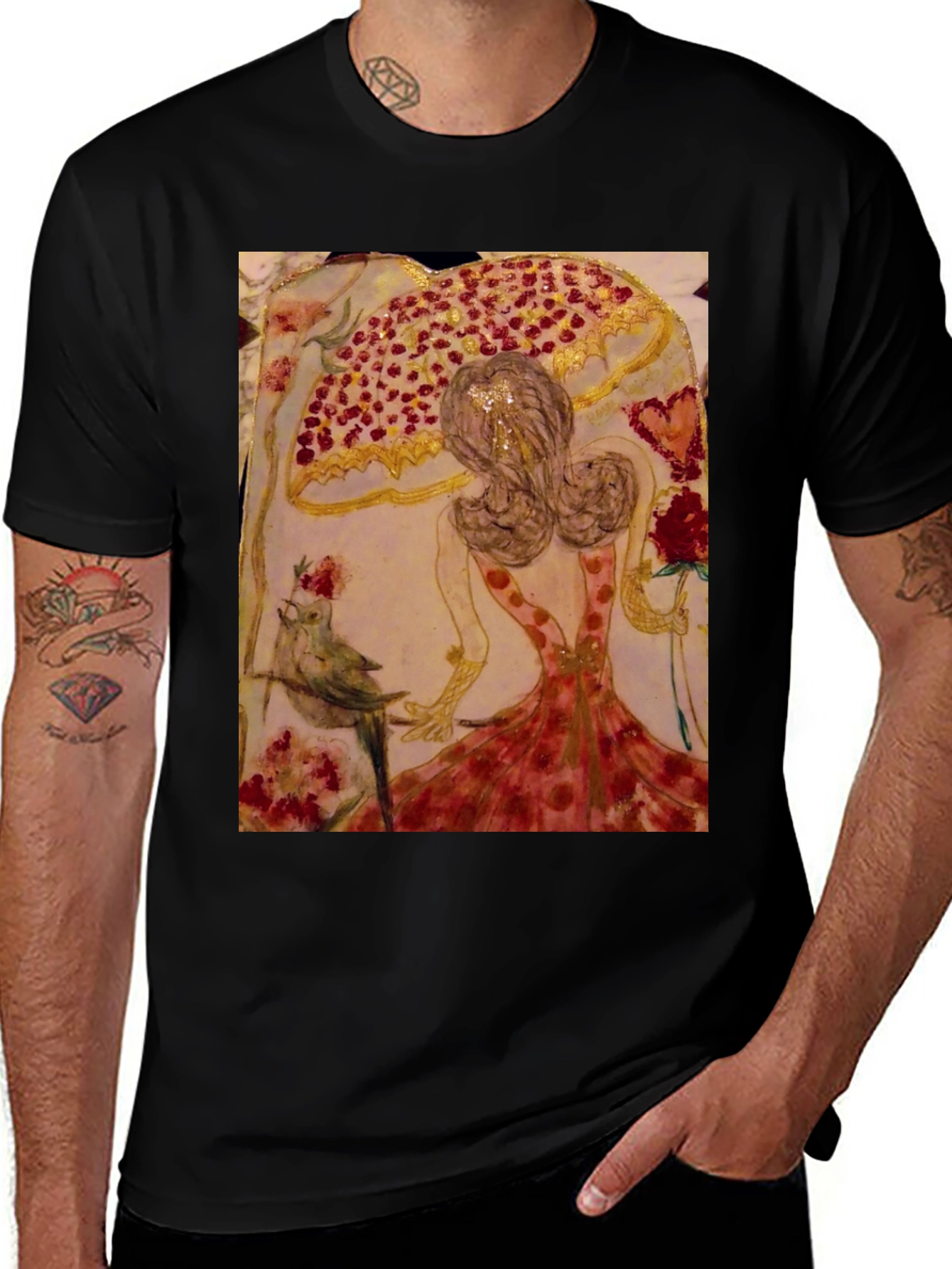 Variant 20 of Whimsical Art T-Shirt: Bird, Roses, & Dancer