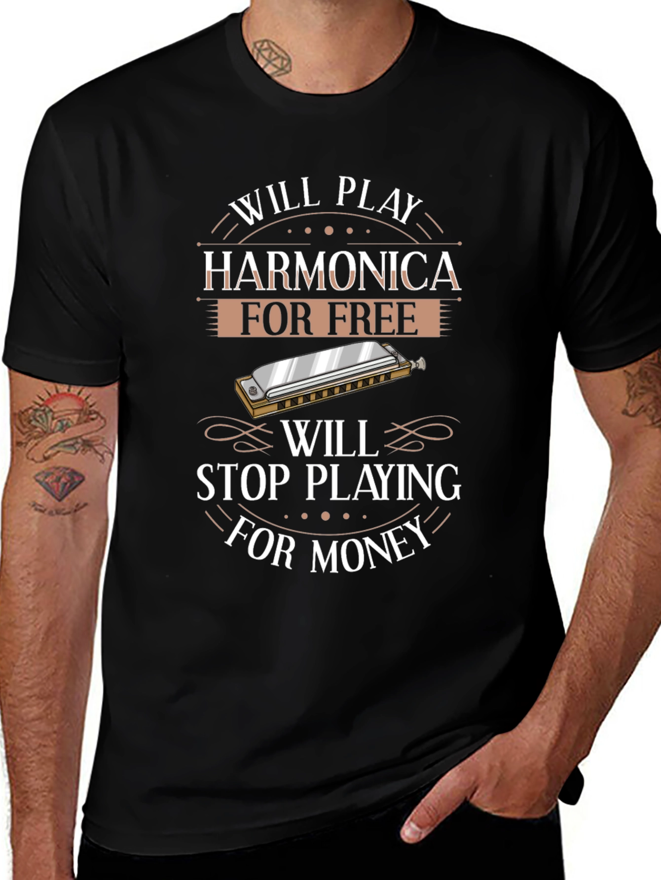 Harmonica Player Funny T-Shirt - Will Play For Free