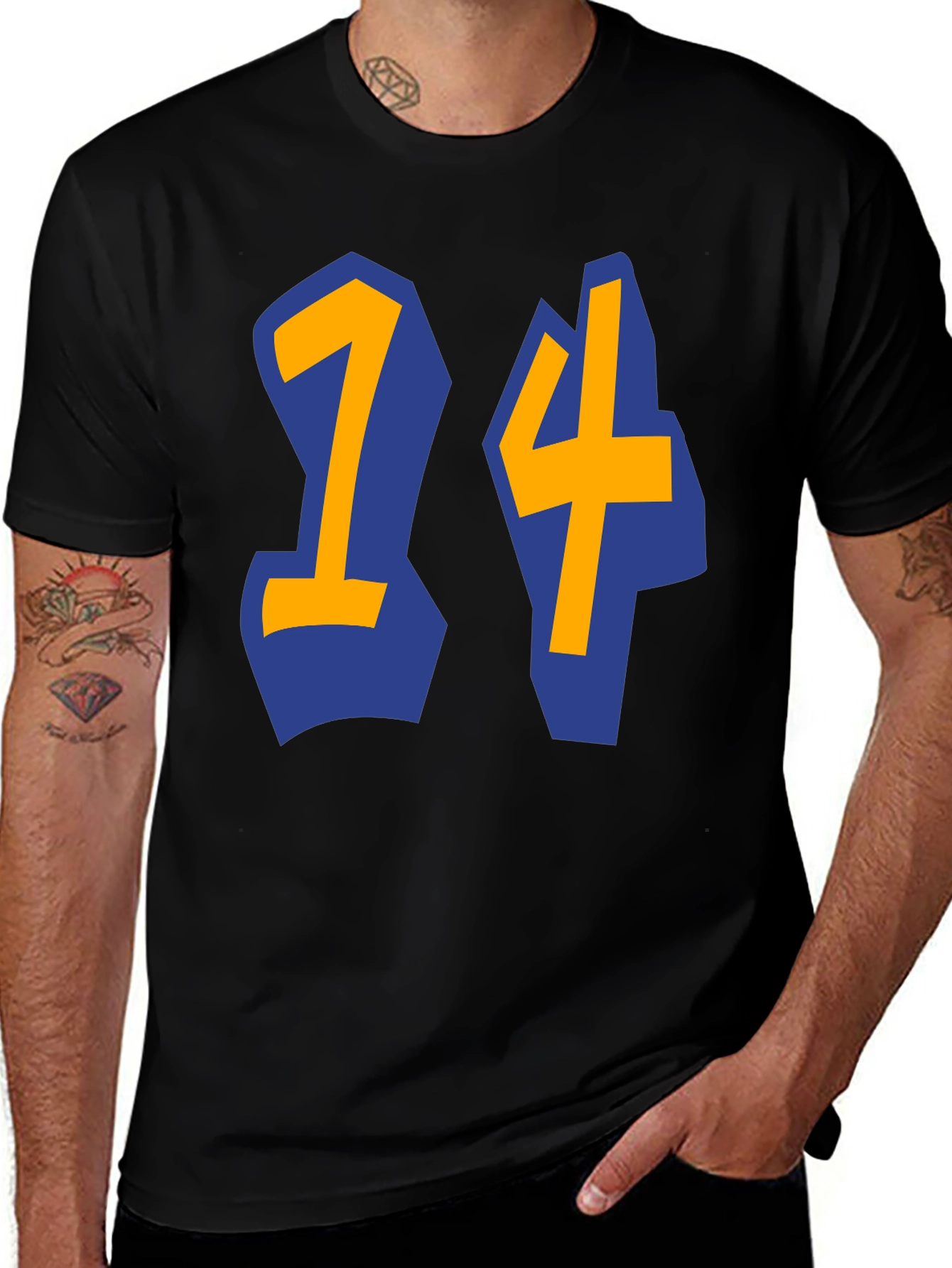 Variant 8 of Black T-shirt with Blue and Gold "14" Design