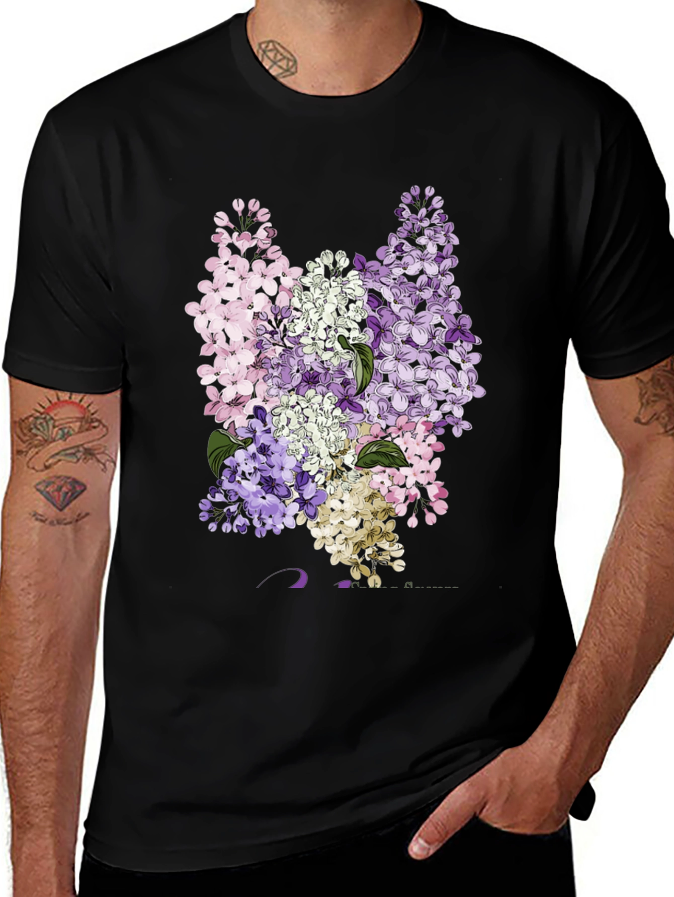 Variant 23 of Floral Lilac Print Black T-Shirt