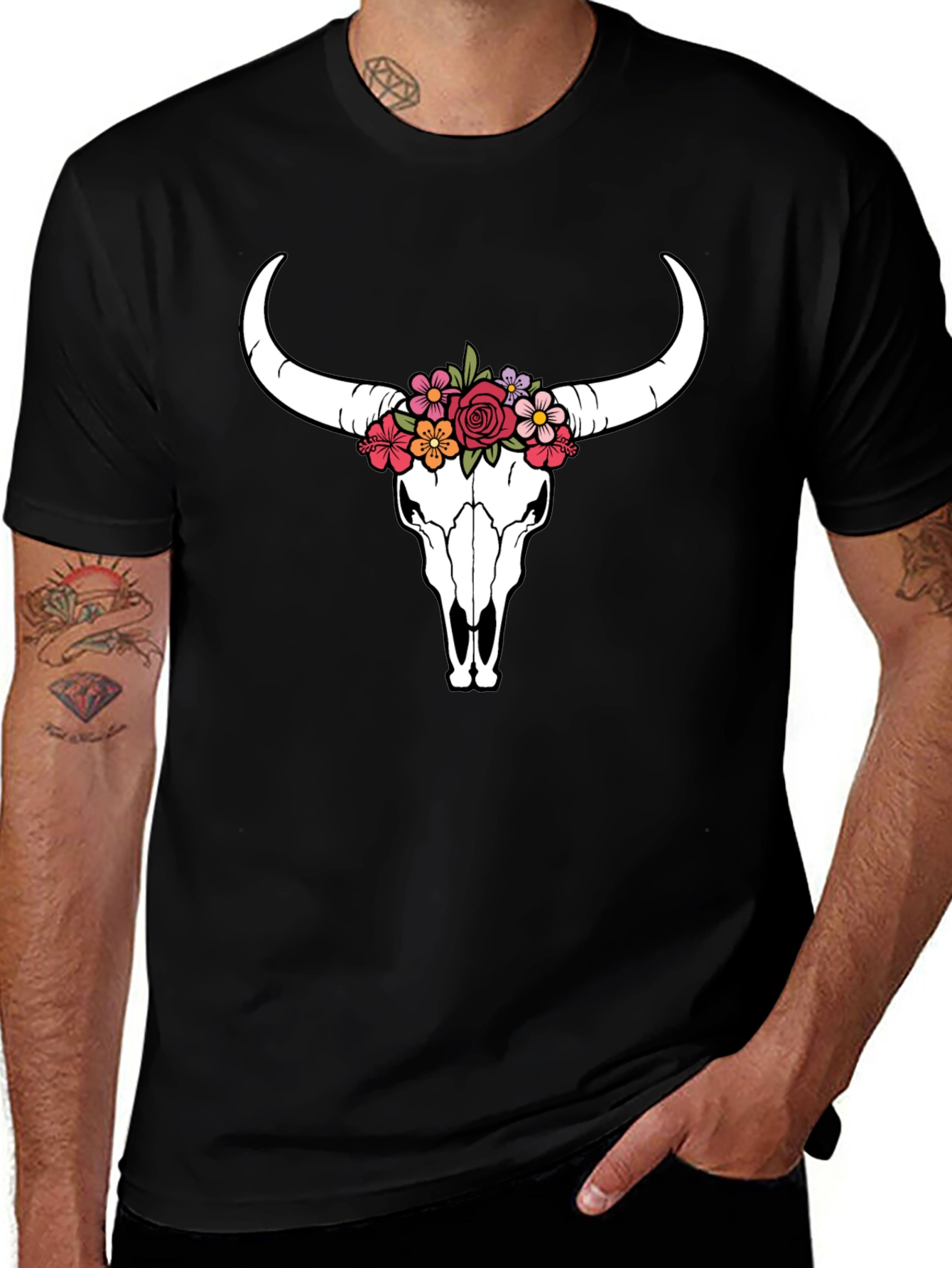 Variant 27 of Floral Bull Skull Graphic Tee