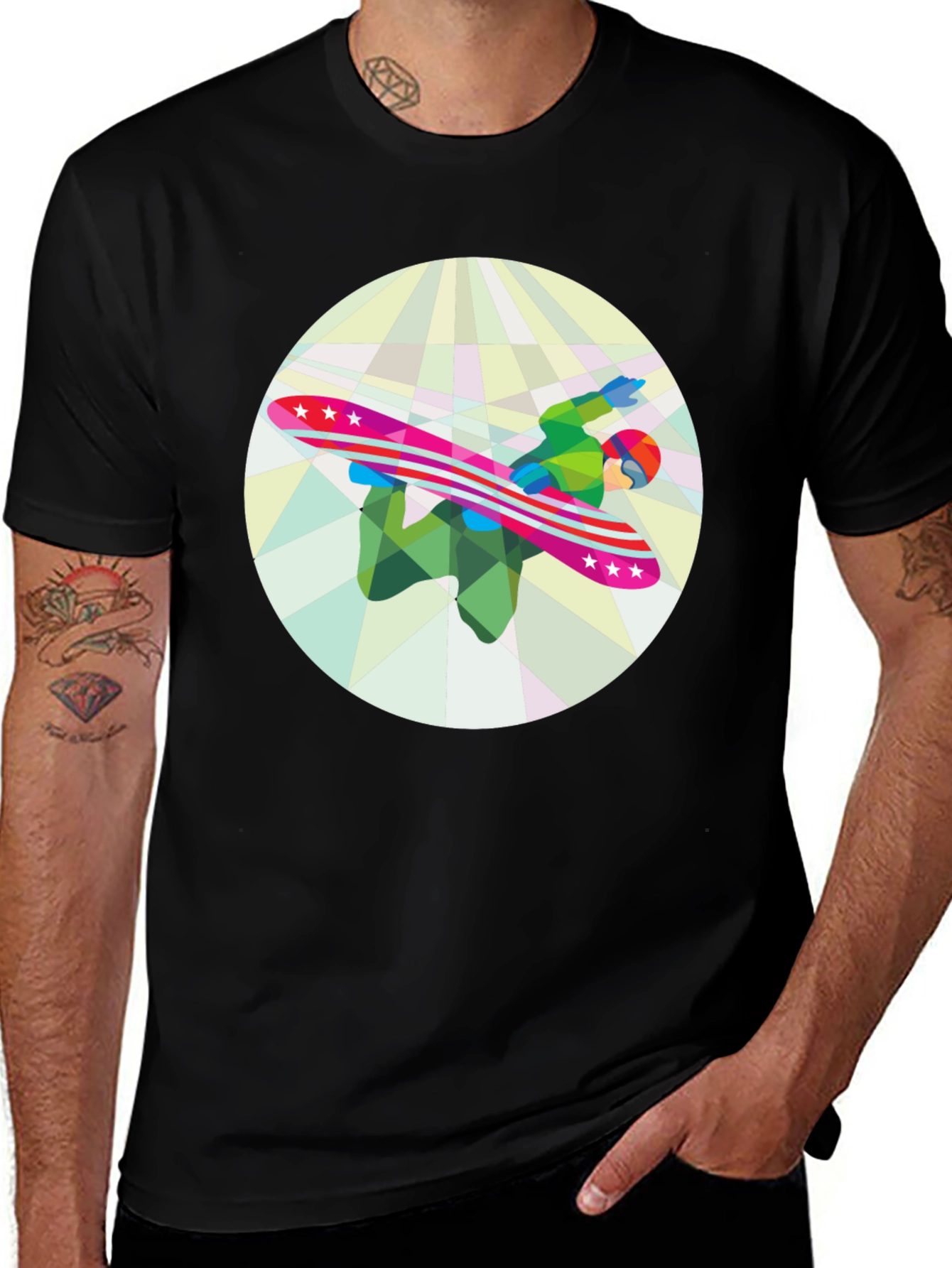 Variant 7 of Geometric Snowboarder Graphic Tee - Black