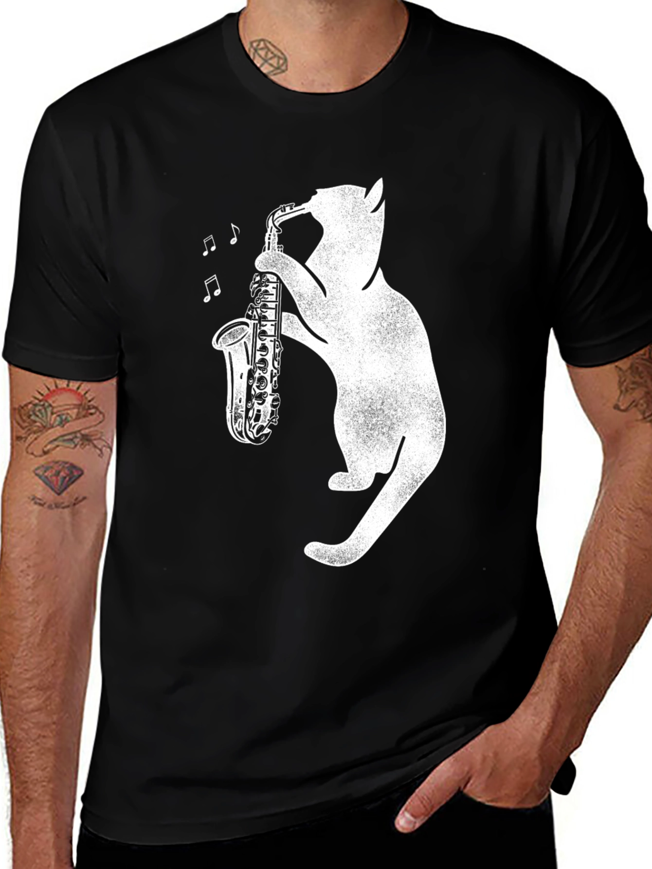 Variant 27 of Cat Playing Saxophone Graphic Tee - Black Cotton Shirt