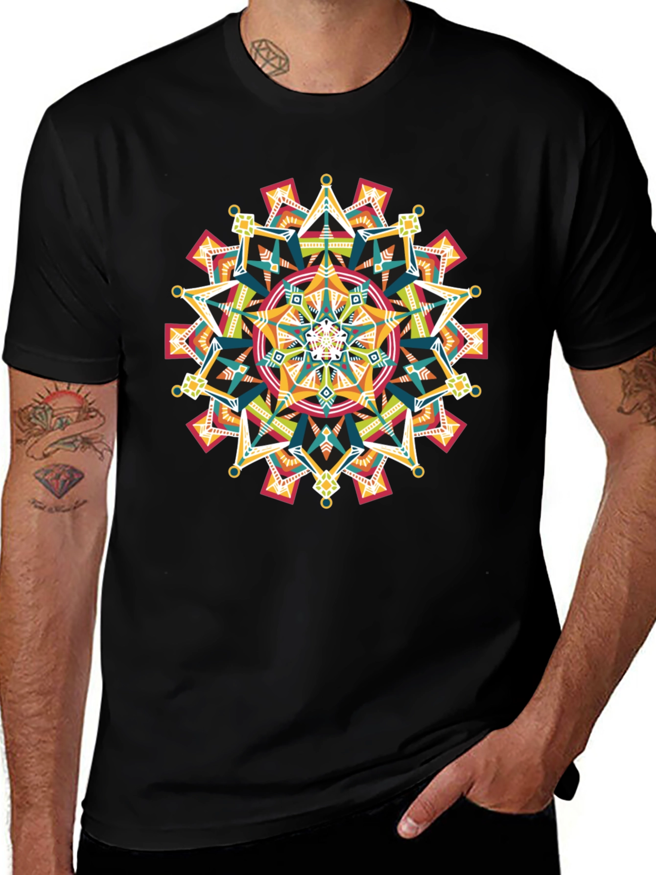 Variant 11 of Geometric Mandala Print Black T-Shirt