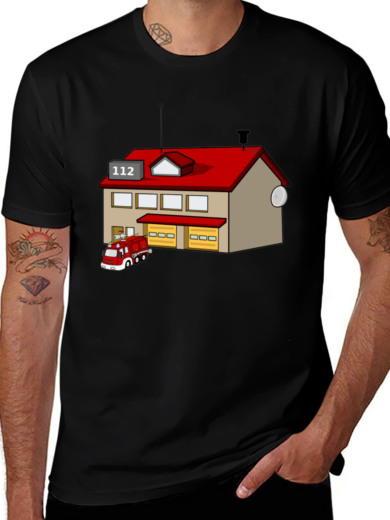 Cartoon Fire Station Black T-Shirt