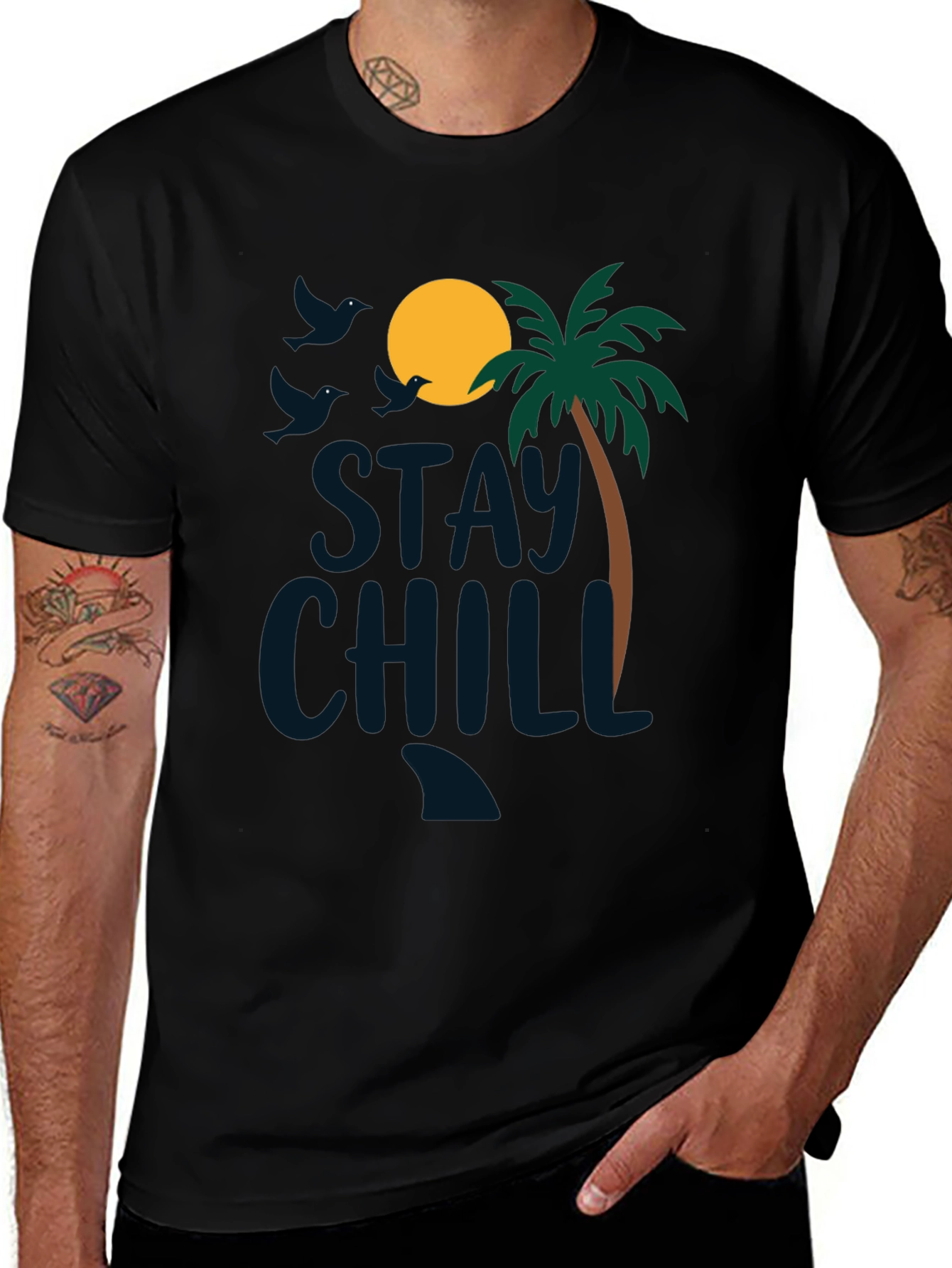 Variant 3 of Stay Chill Beach Tee: Tropical Palm Graphic Black T-Shirt