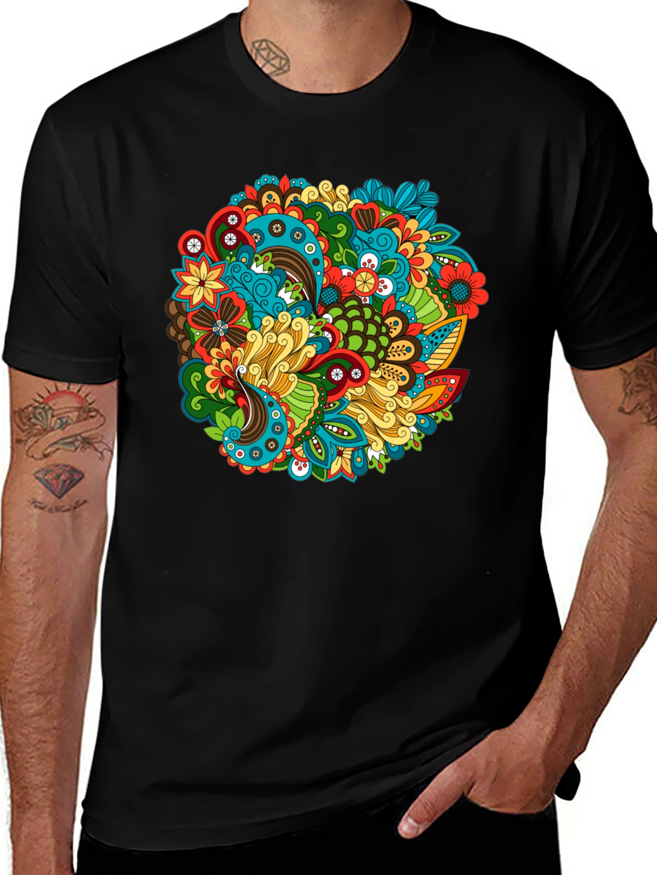 Variant 12 of Floral Mandala Graphic Black T-Shirt